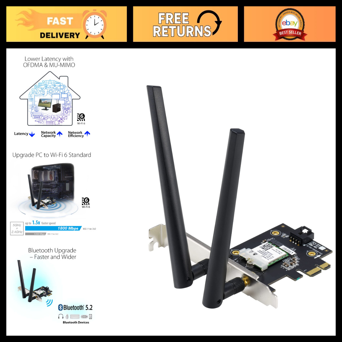 WiFi 6 PCIe Adapter, AX1800, Bluetooth 5.2, Ultra-Low Latency, 2 Antennas, 1800M
