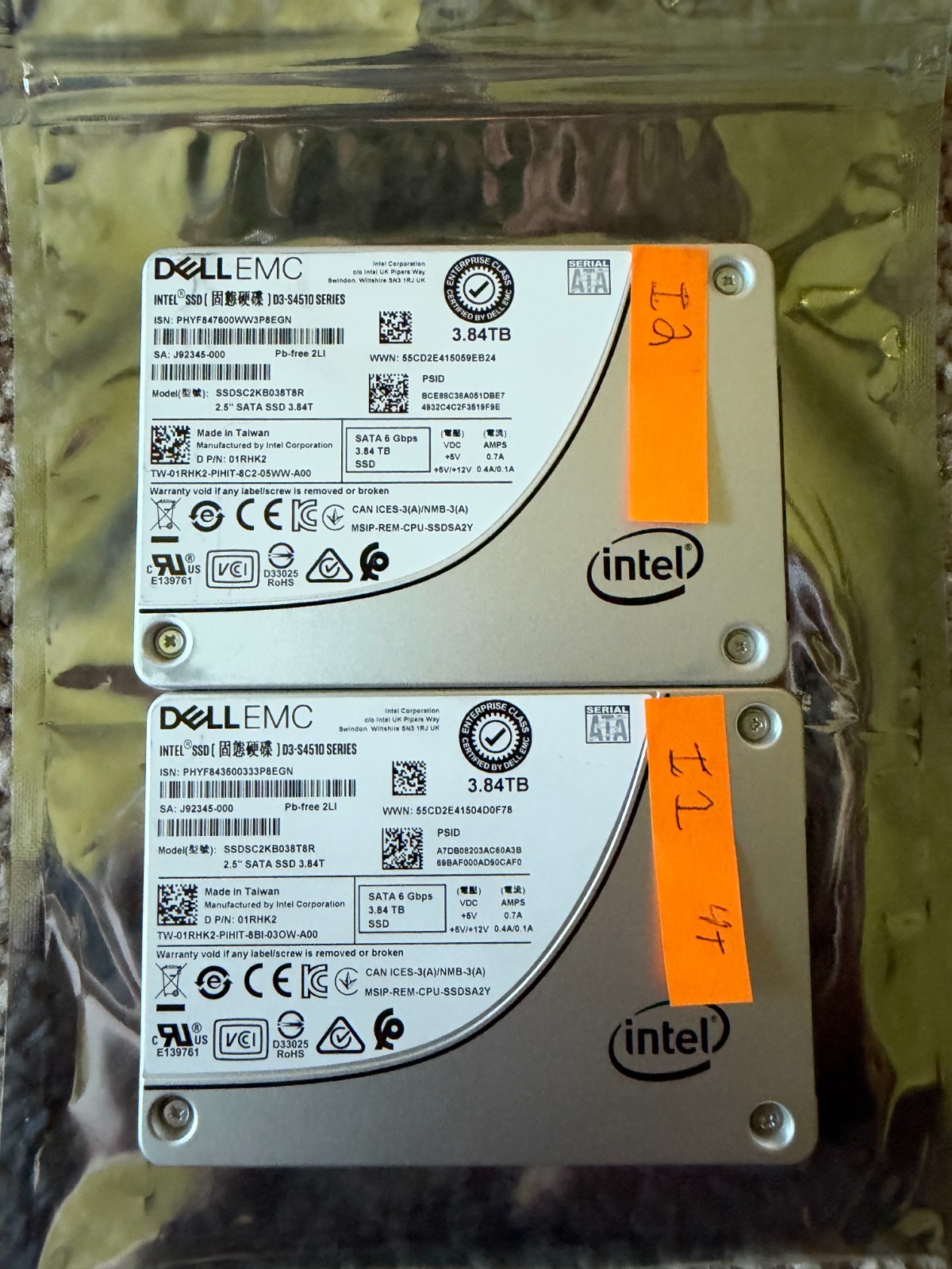 Lot of 2 Intel D3-S4510 3.84TB SATA SSD Dell SSDSC2KB038T8R 98% Life Tested