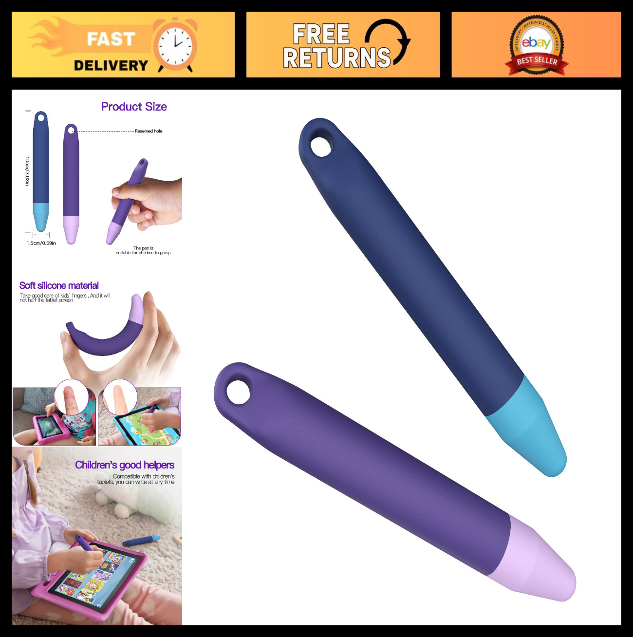 Kid-Friendly Touch Screen Stylus Pens - 2 Pack Purple & Blue for iPad, Kindle, i