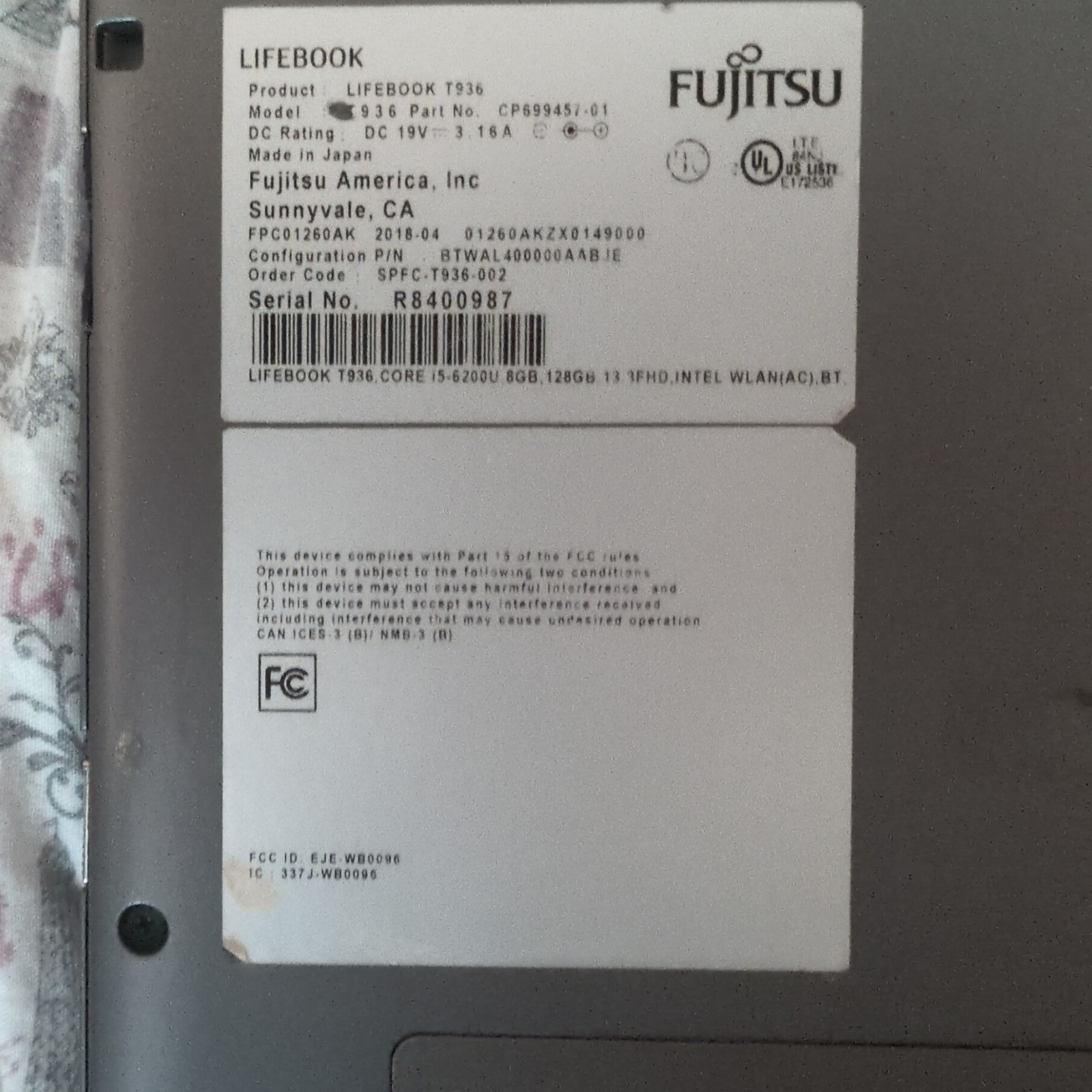 Fujitsu LIFEBOOK T936 13.3" Touch i5 1.60GHz 8GB 256GB SSD FHD