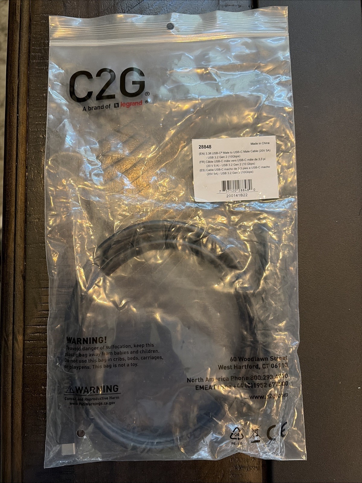 C2G Legrand 28848 1M USB-C 3.1 (Gen 2) Male to Male Cable 20V 5A 4K High Speed