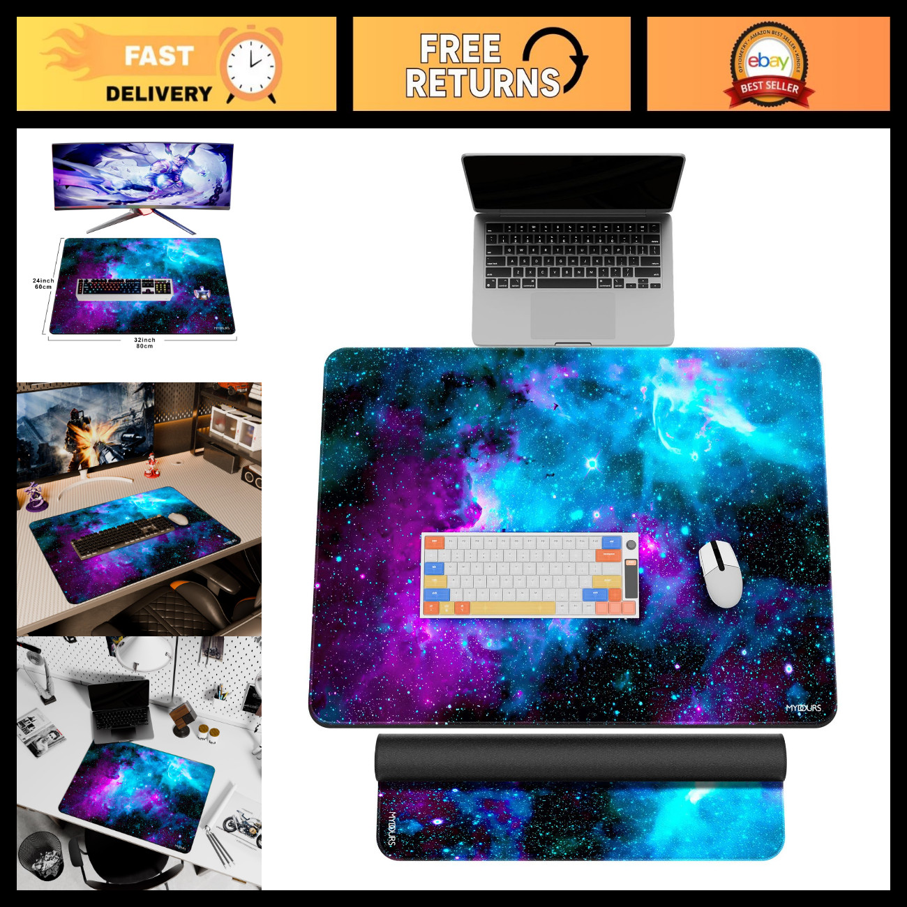 Extra Large 32" x 24" Gaming Mouse Pad - Purple Universe Desk Mat, Non-Slip Surf