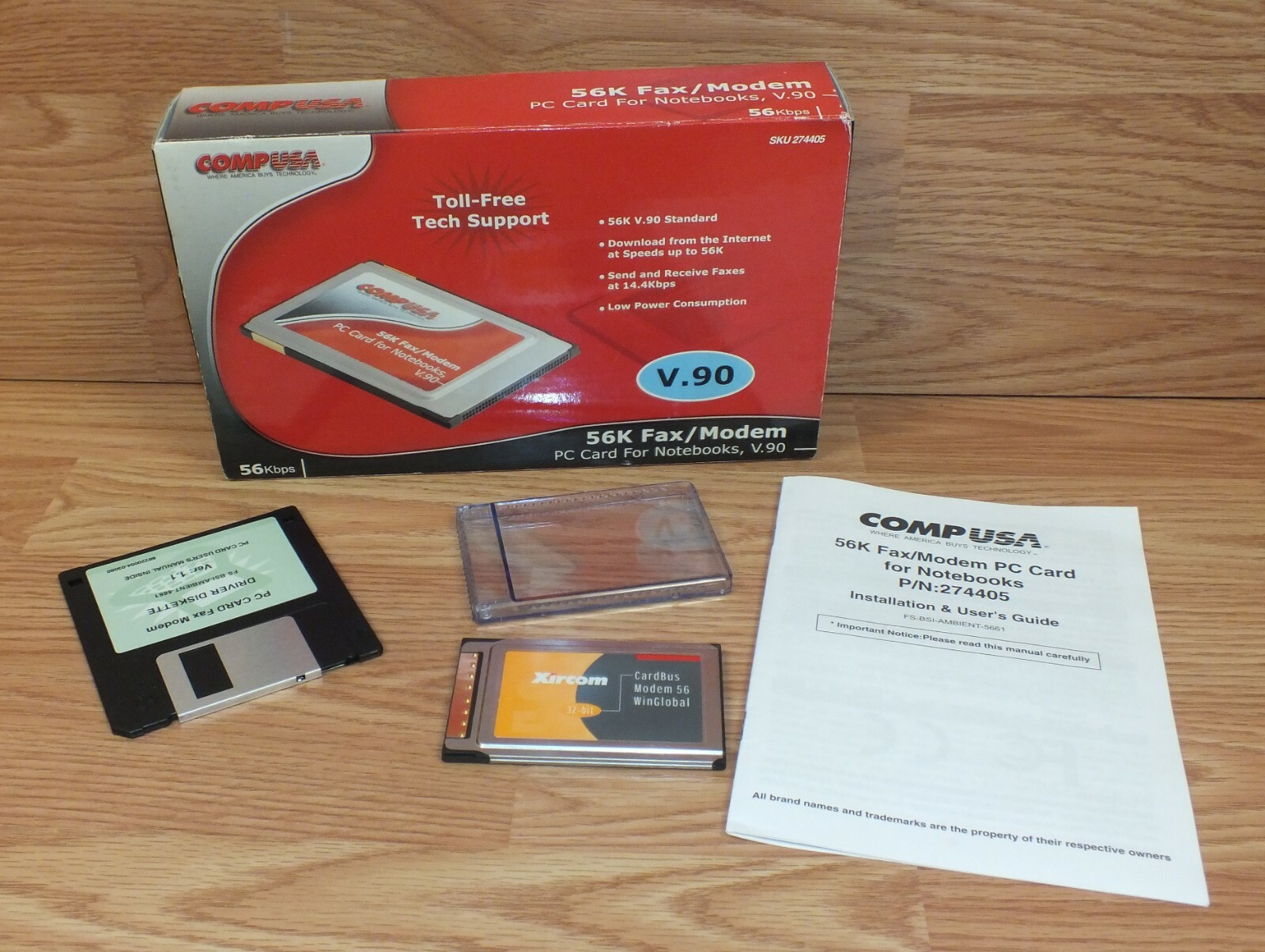CompUSA (SKU 274405) 56K Fax / Modem PC Card & Diskette For Notebooks, V.90 