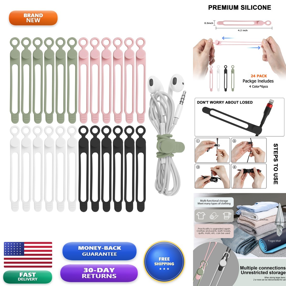 Nearockle 24Pcs Silicone Cable Ties Multi