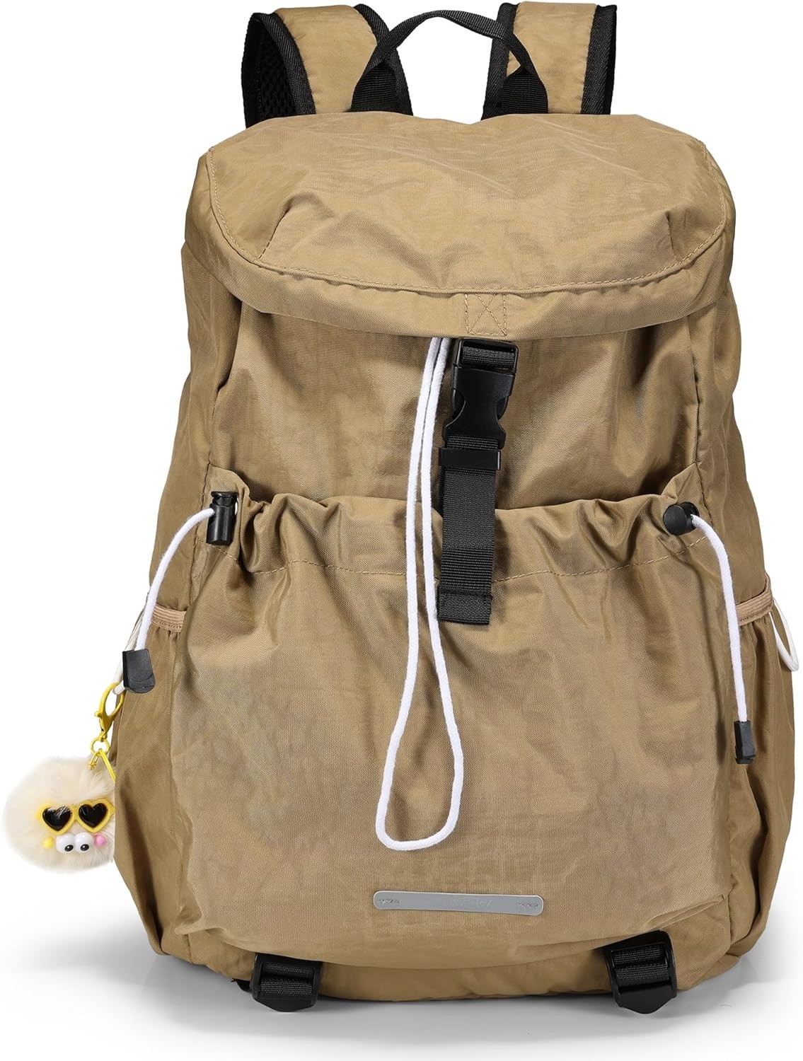 Drawstring Backpack, Fits 17 Inch Laptop, Water Resist, Pom-Pom Keychain, Khaki