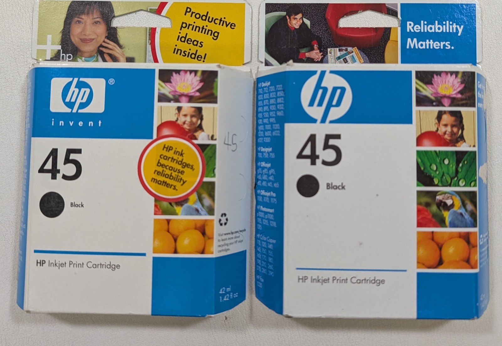 Lot Of 2 Genuine HP 45 51645a Black Ink Cartridge -NEW SEALED - Exp. 2010 & 2007