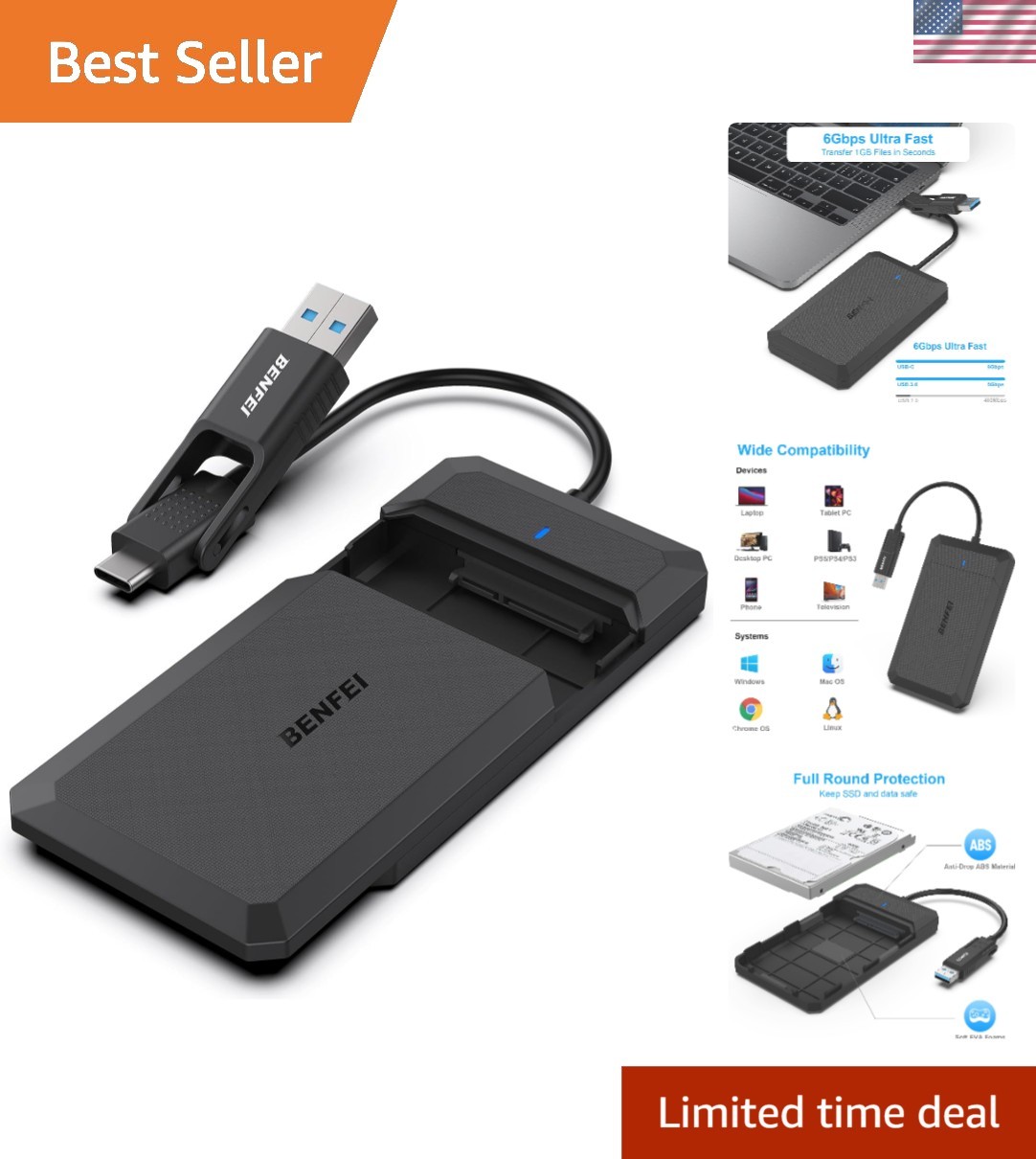 Sleek 2.5 Inch SATA to USB Tool-Free Enclosure - USB Type-C/Type-A Compatible