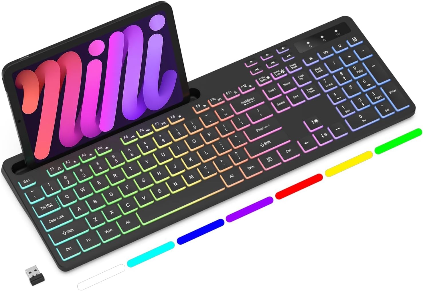 Wireless Keyboard with 7-Color RGB Backlit, Full-Size Computer Keyboard with ...