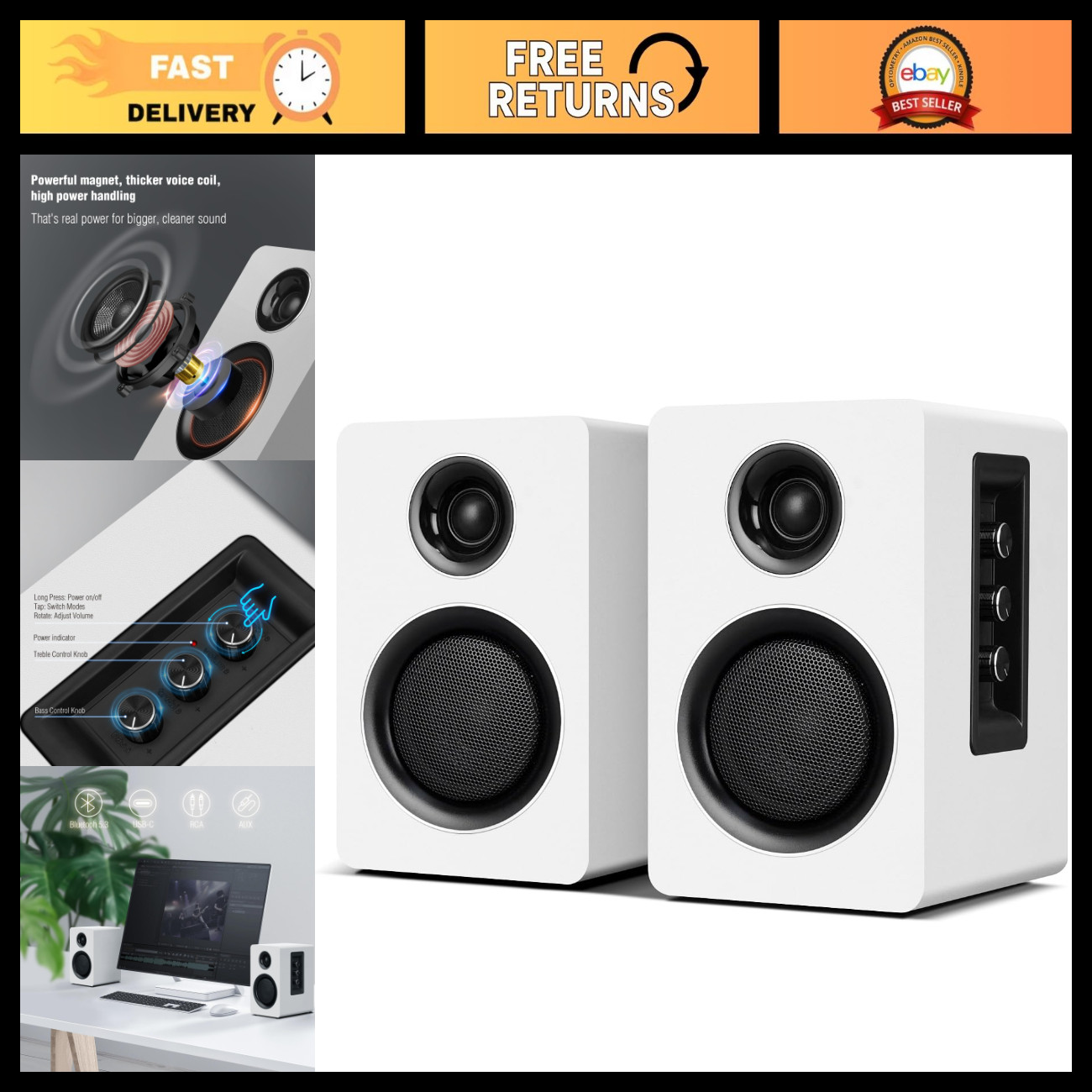 Bluetooth Computer Speakers, USB-C & AUX/RCA, 3.5" Woofer, White, High Sound Qua