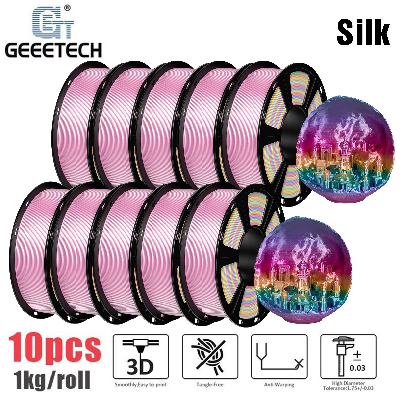 10x1kg/Rol Silk PLA Geeetech 3D Filament 1.75mm Silky Rainbow Gradient Shiny PLA