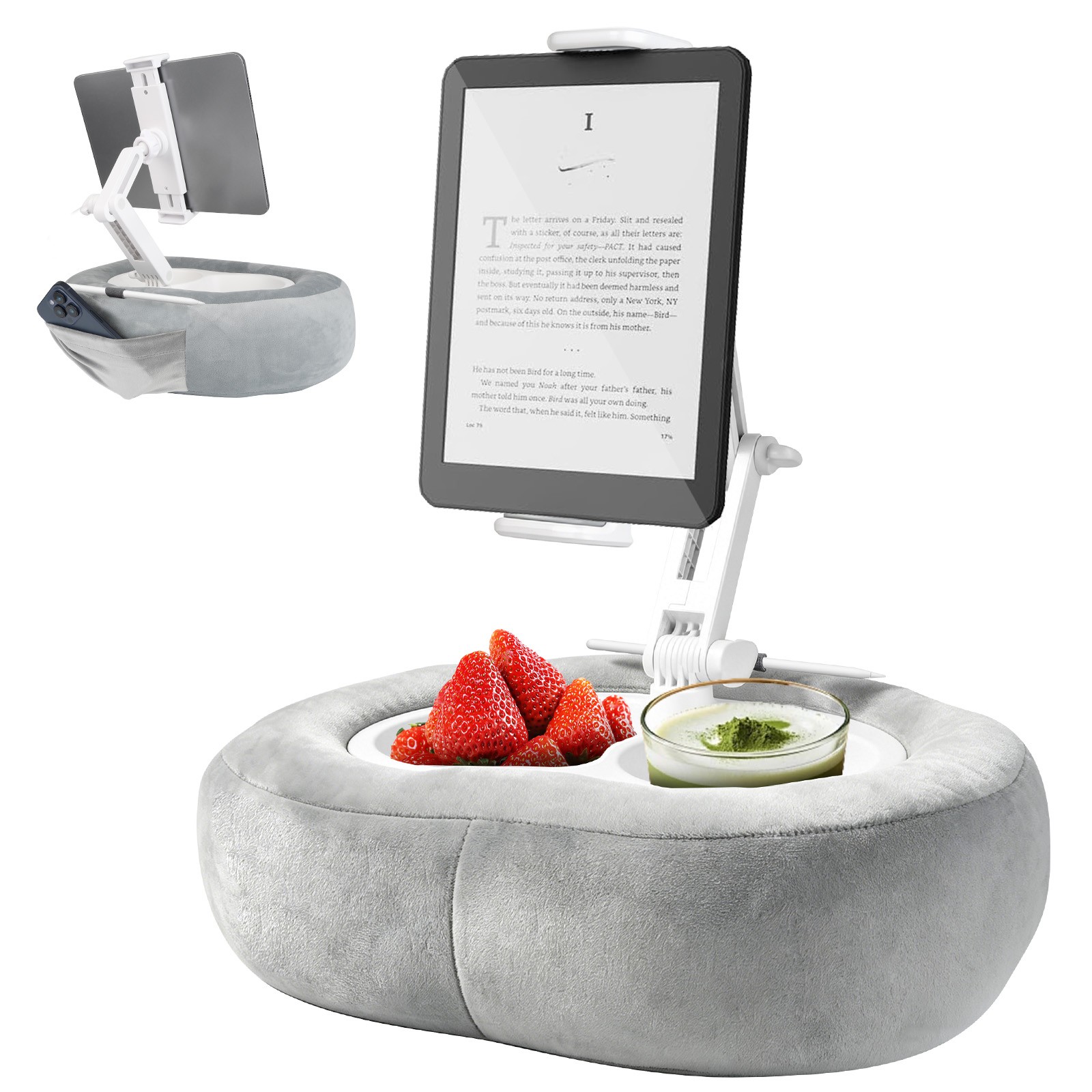 Tablet Pillow Stand w/Snack Bowl 360°Rotat Holder for iPad Kindle Phone Bed Sofa