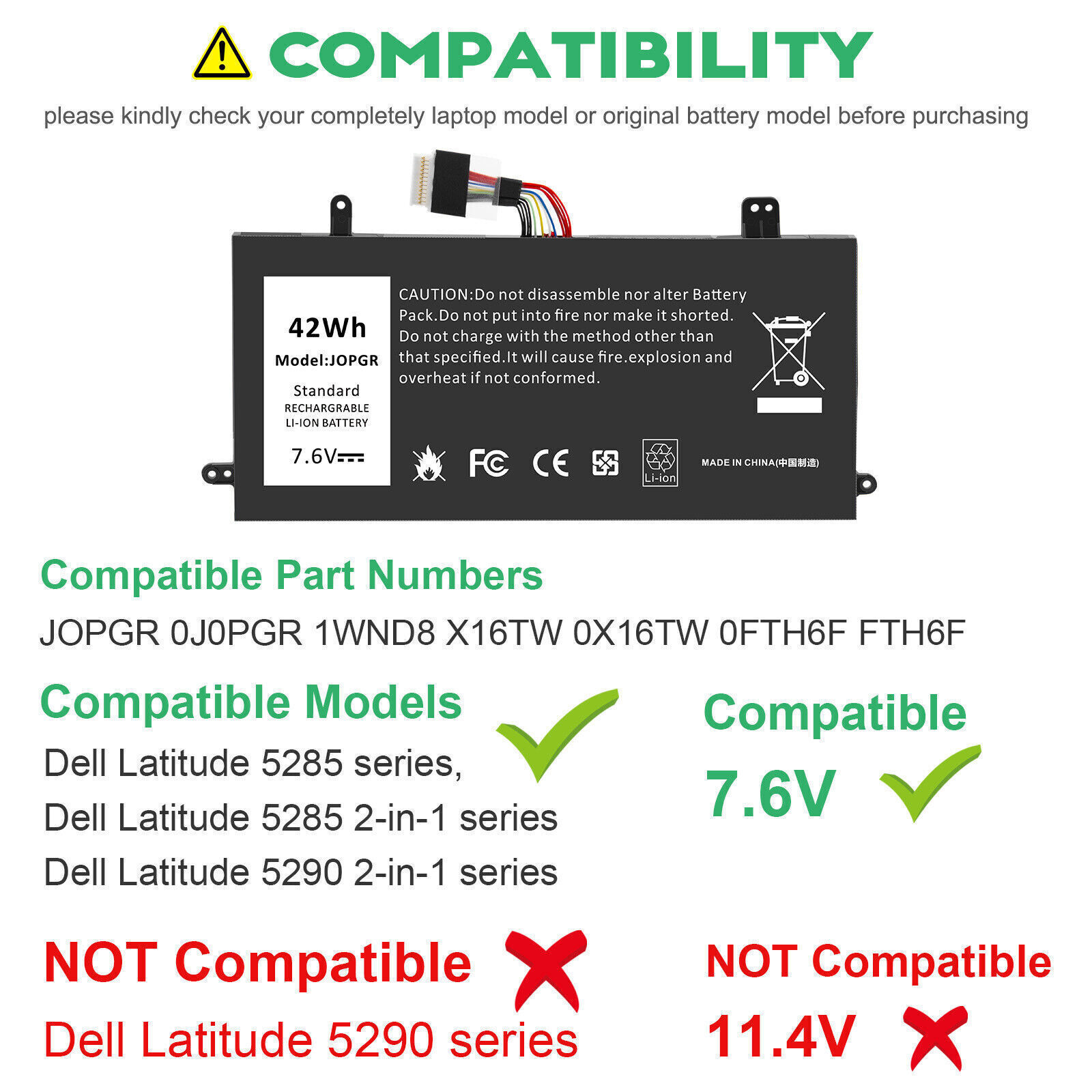 J0PGR Battery For Dell Latitude 12 5285 5290 2-in-1 Series JOPGR 0J0PGR FTH6F US
