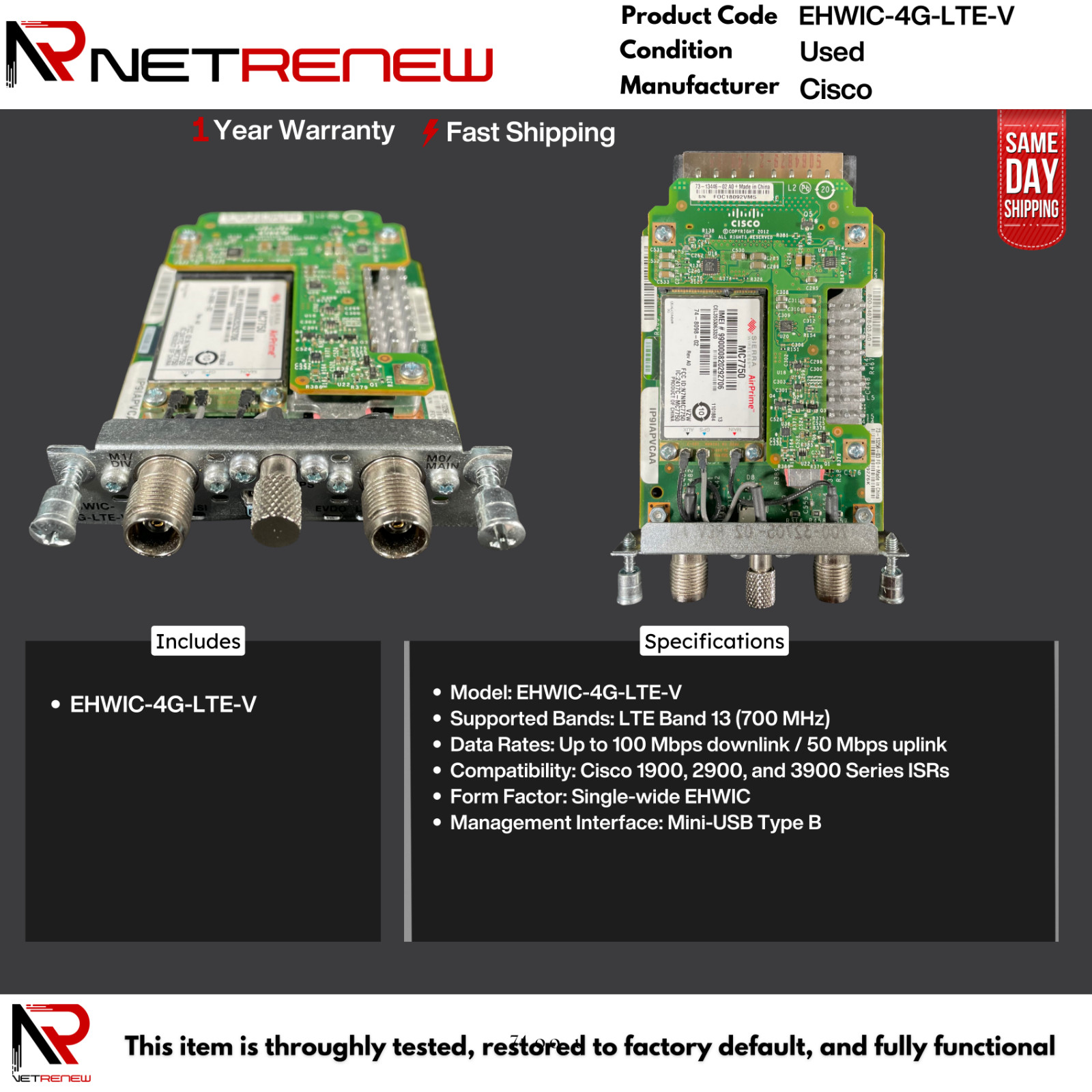 Cisco EHWIC-4G-LTE-V  High-Speed WAN Interface Card V03 4G LTE MC7750