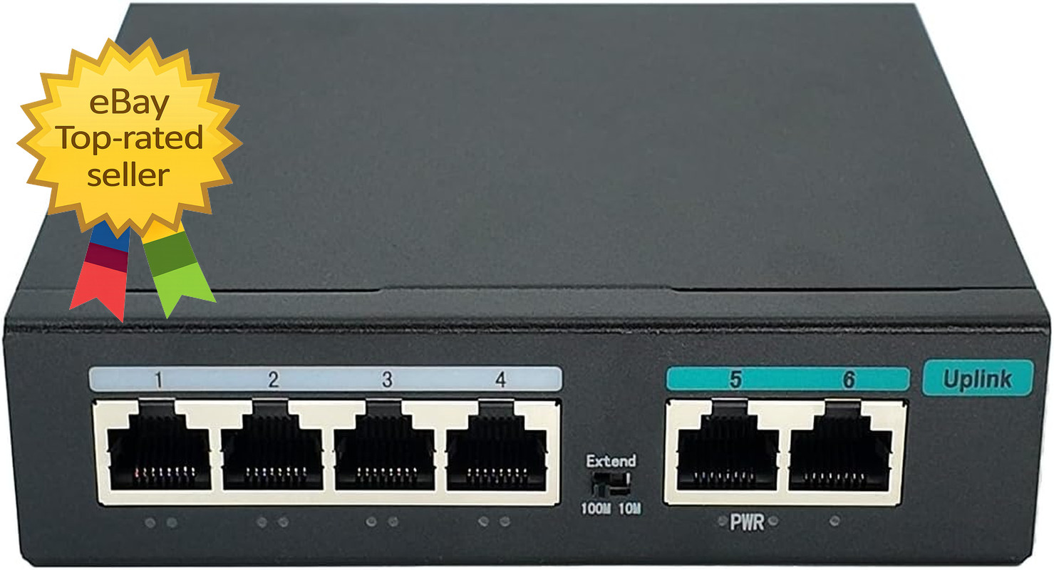 6 Port Unmanaged PoE Switch - 4 PoE+ (10/100Mbps) & 2 Uplink Ports