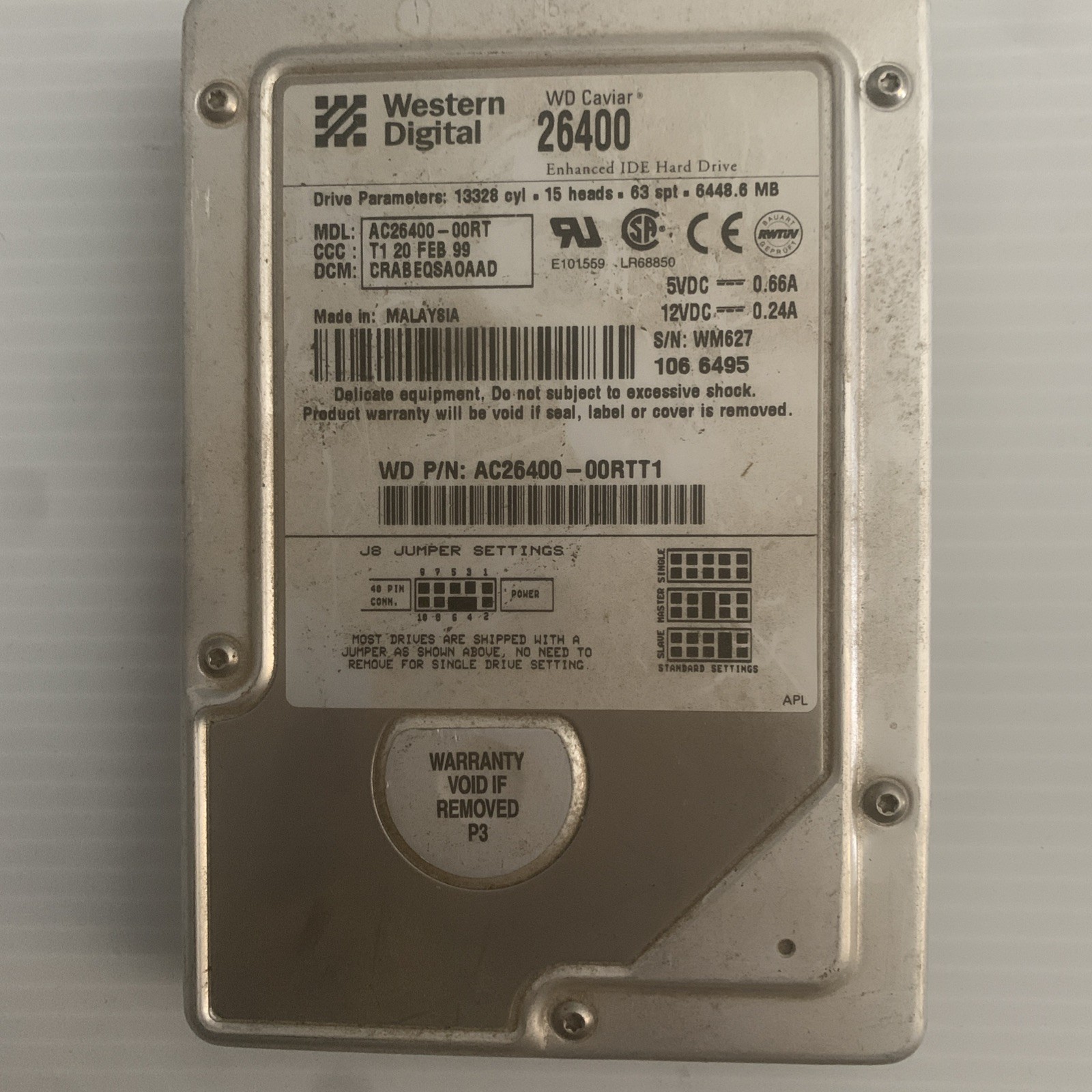 Western Digital AC26400-00RTT1 | 6.4GB IDE 3.5" Hard Drive | Vintage 1998