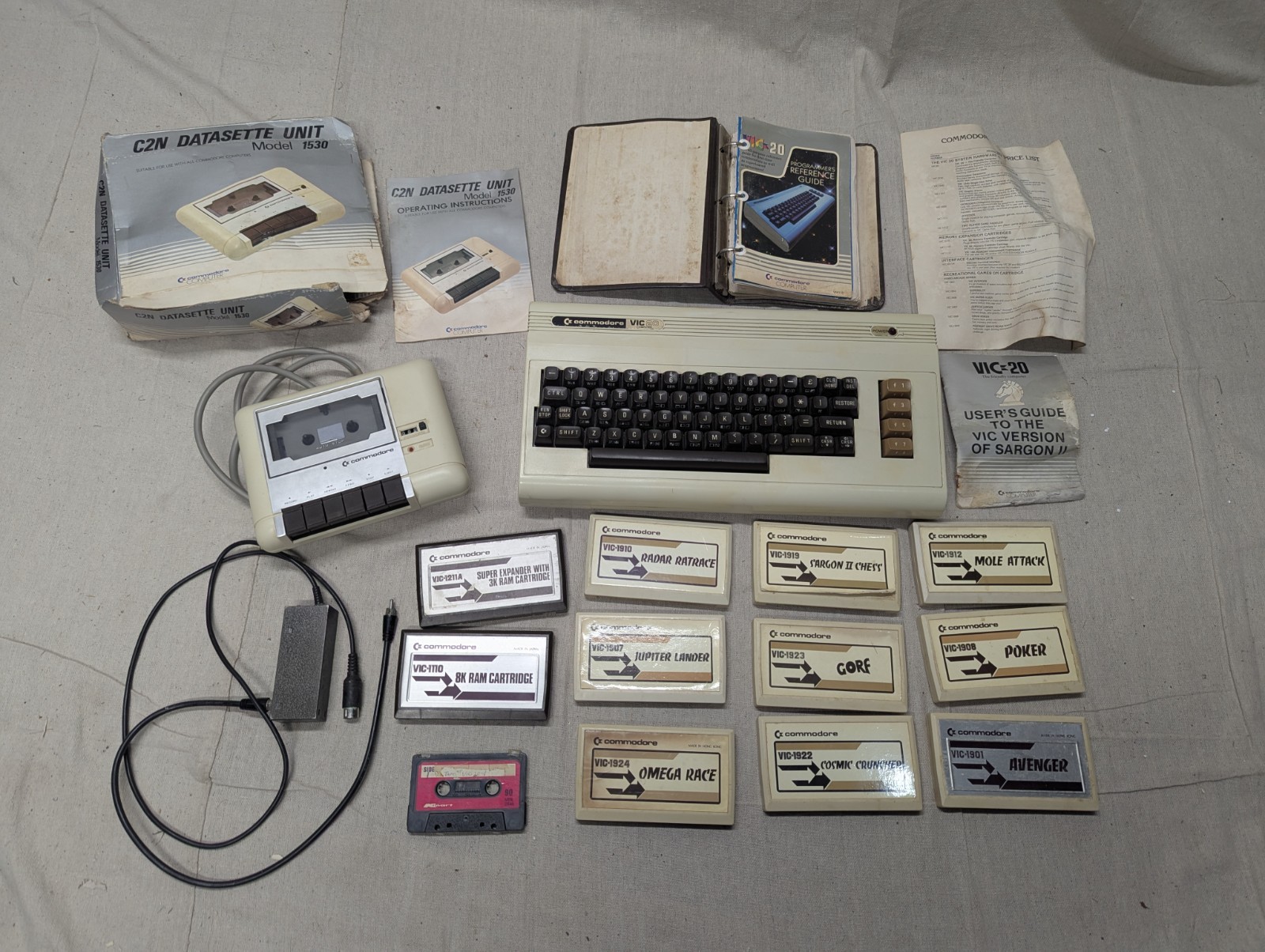 Commodore VIC-20 Home Computer System W/ Manuals, Games, C2N Datasette 1530, Ram