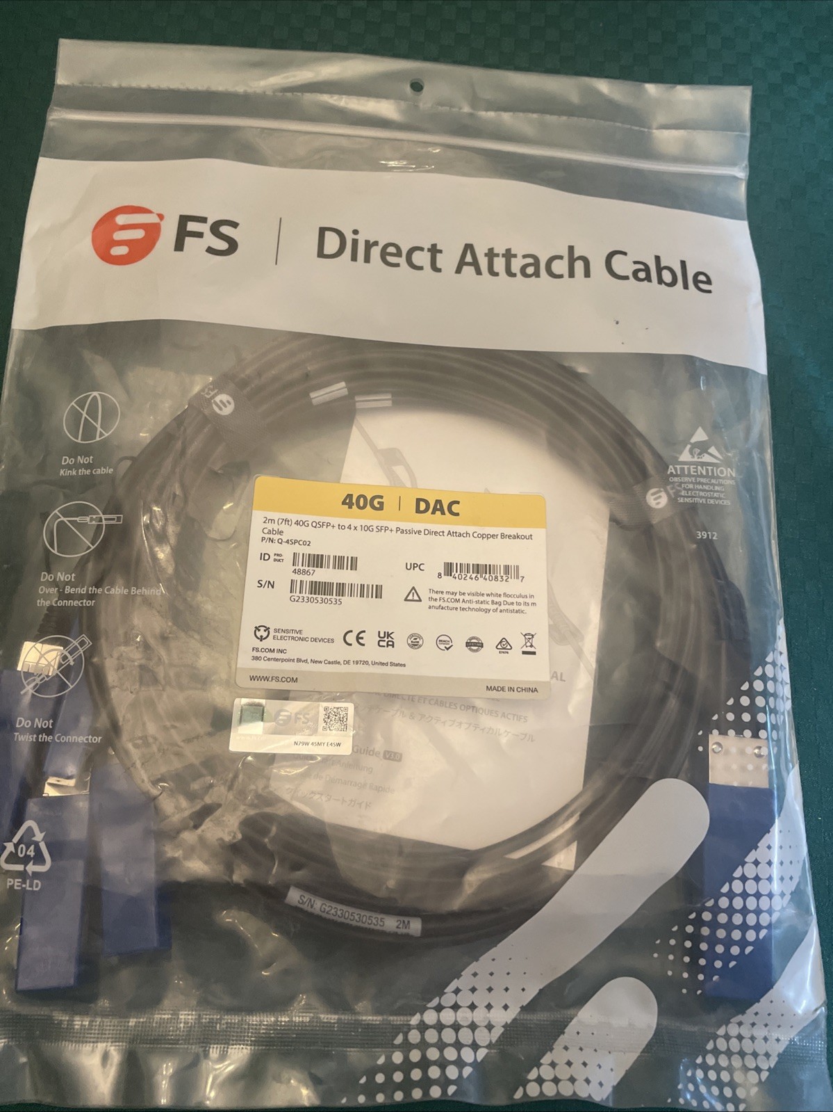 FS Direct Attach 40G QSFP+ to 4x10G SFP+ Copper Breakout Cable P/N: Q-4SPC02 NEW