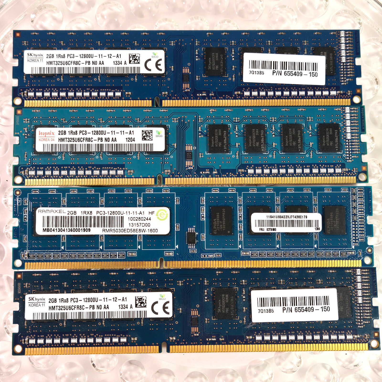 4 Sticks of 2 Gig Ram PC3 12800U mixed lot Modules. Total 8 Gigs of RAM