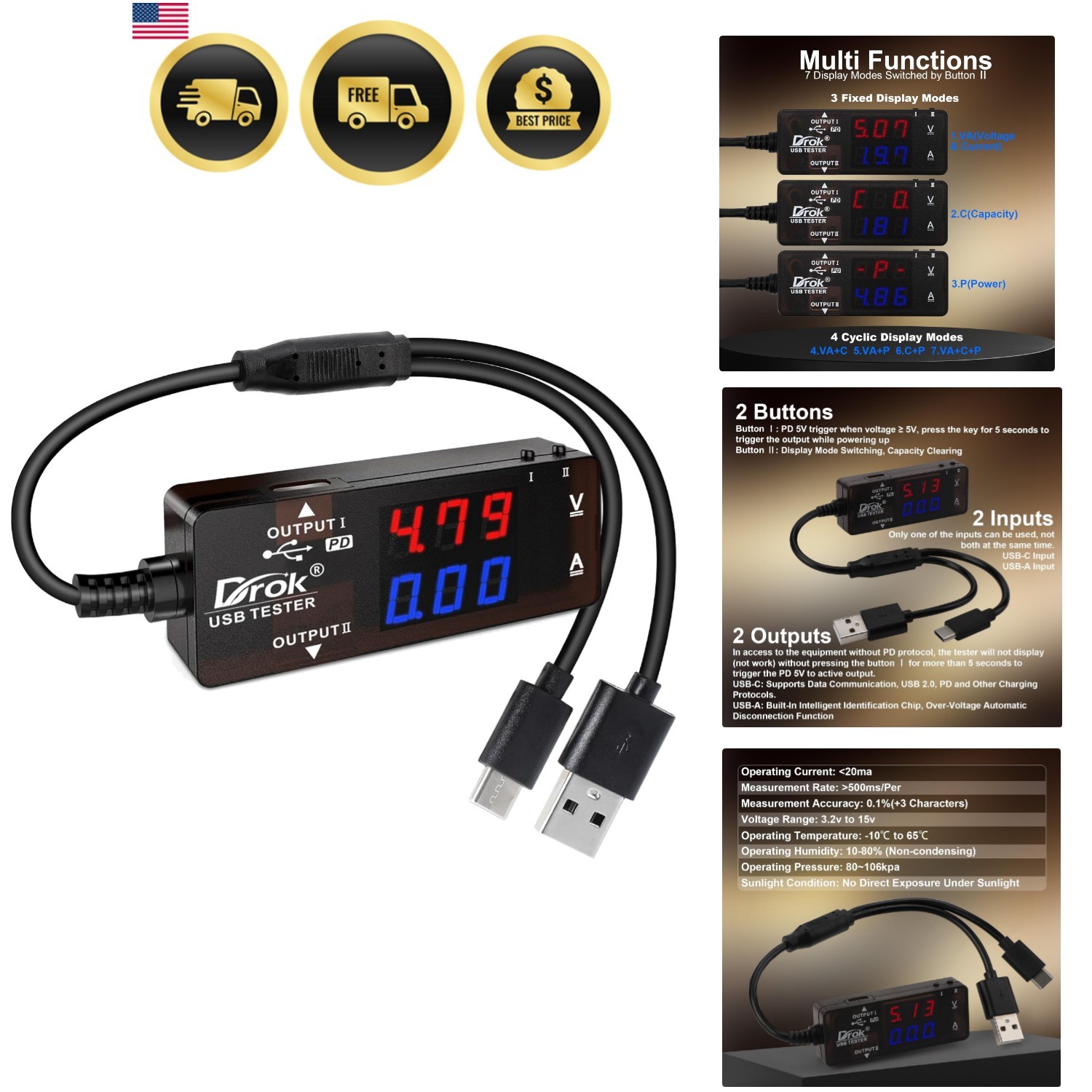 USB Tester, USB-A USB-C 2.0 Multimeter Dual USB Ports PD QC 3.0 with Color LE...