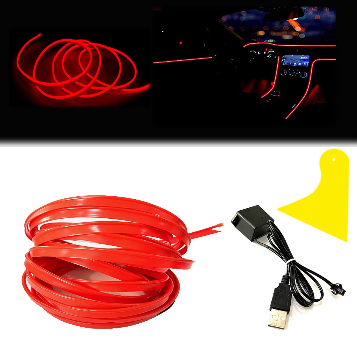 Maxlaxer El Wire Red Interior Car Led Strip Lights 10M Neon Wire Usb 5V Fuse