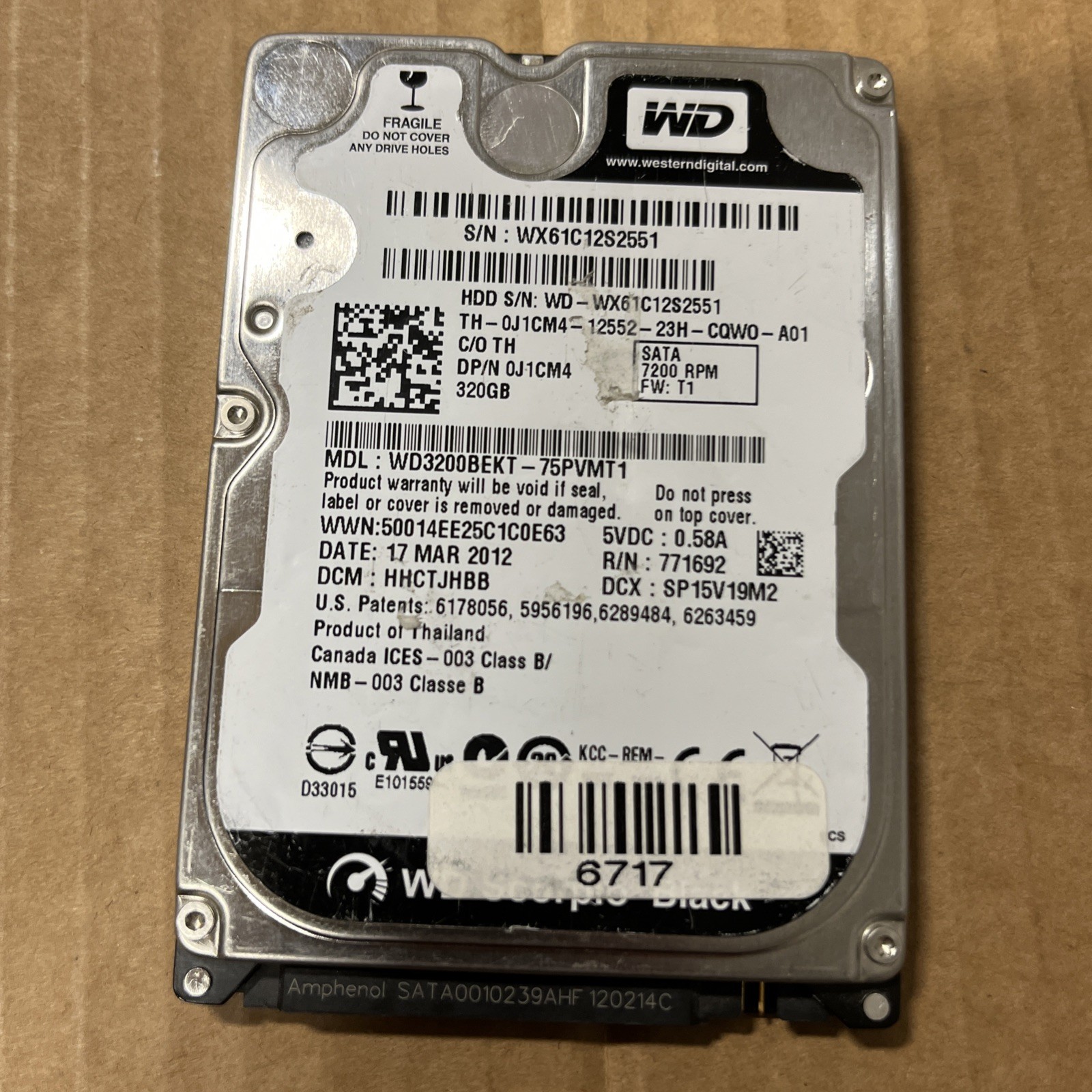 Western Digital 320GB WD3200BEKT, 2.5" SATA 7200RPM 75PVMT1, J1CM4, FW: T1
