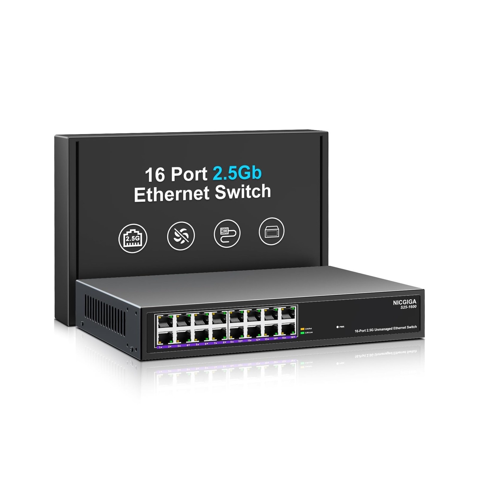 16 Port 2.5Gb Ethernet Switch Unmanaged, NICGIGA 16 Port 2.5G Network Switch,...