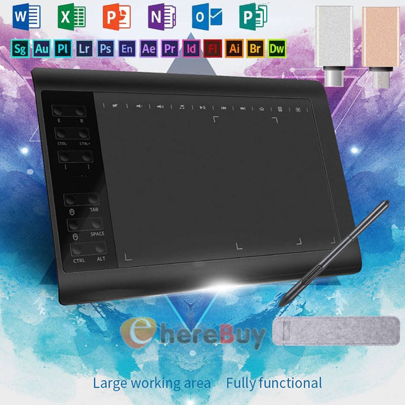 Tableta gráfica 10 x 6 pulgadas compatible lápices ópticos sin batería 12 teclas