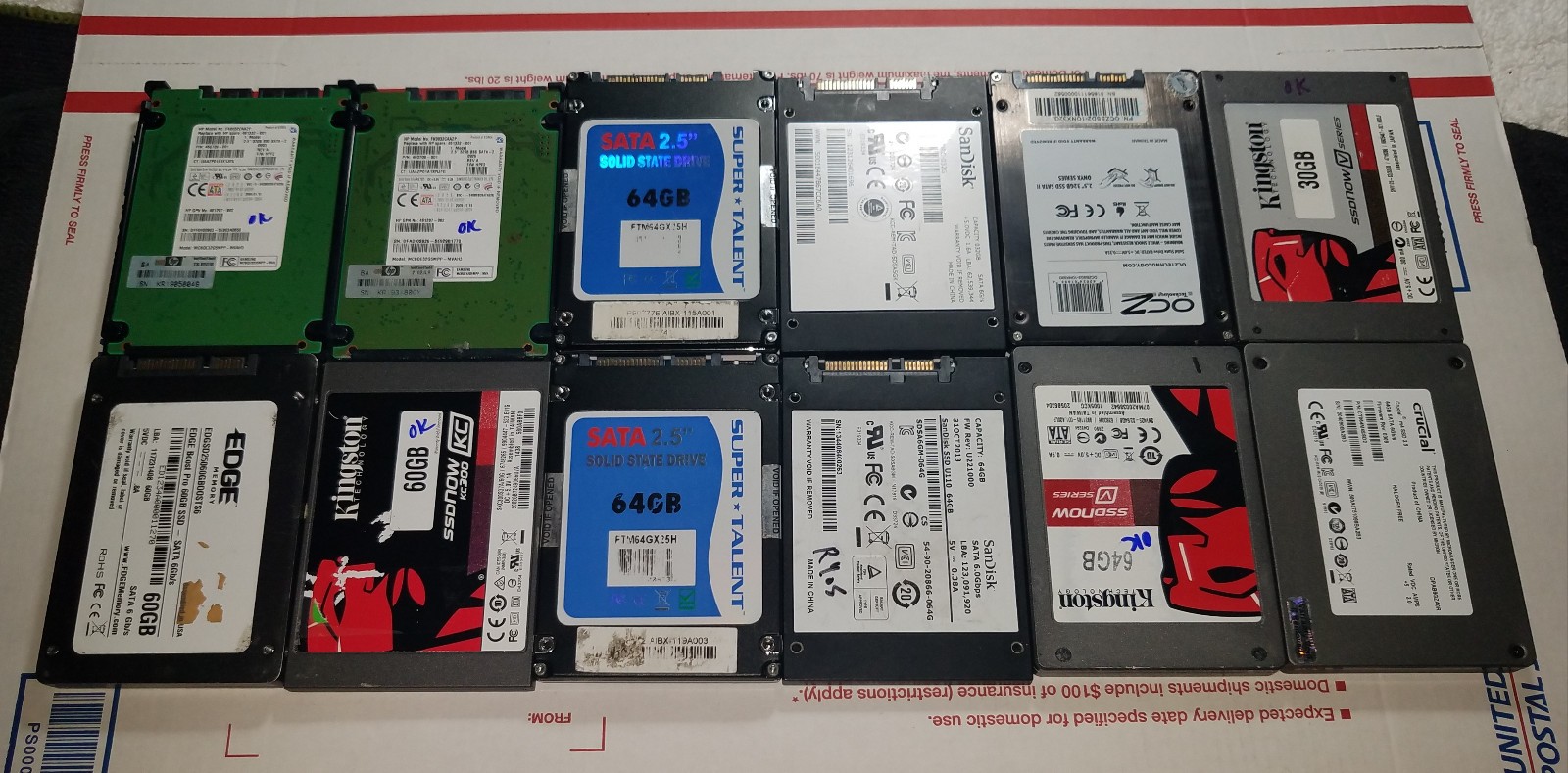 (Lot of 12) Mixed Major Brand 30/32/60/64GB 2.5" SATA3+2 SSD-TESTED
