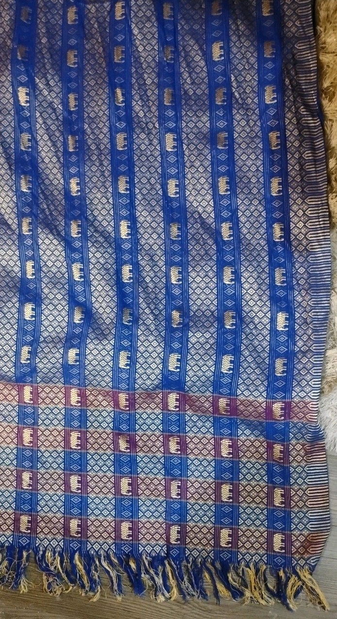 39x74 Dupatta/ tapestry with blue, gold and violet w/ elegant theme. 