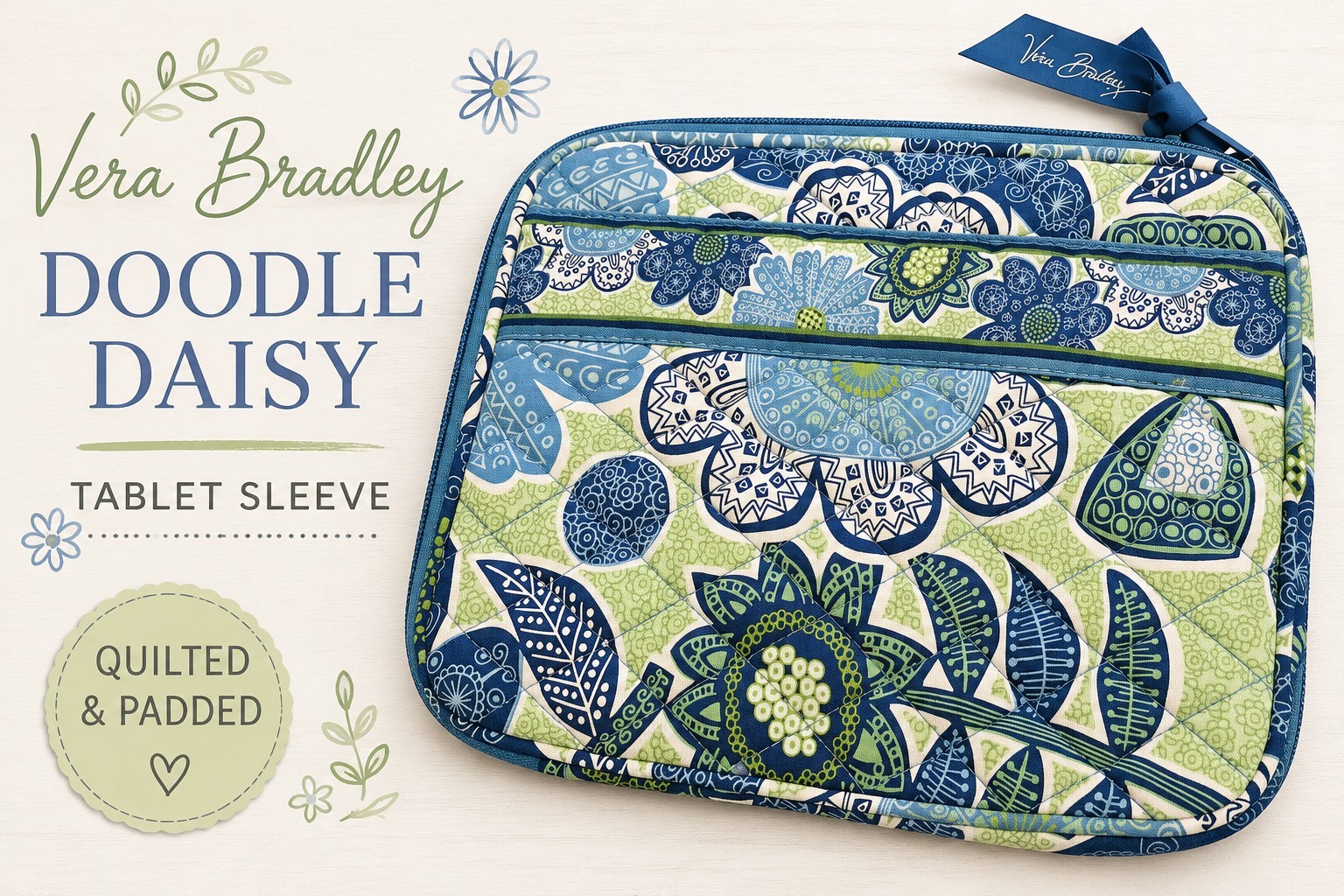 Vera Bradley Doodle Daisy Tablet Sleeve Reader Case Quilted Blue Green Floral 