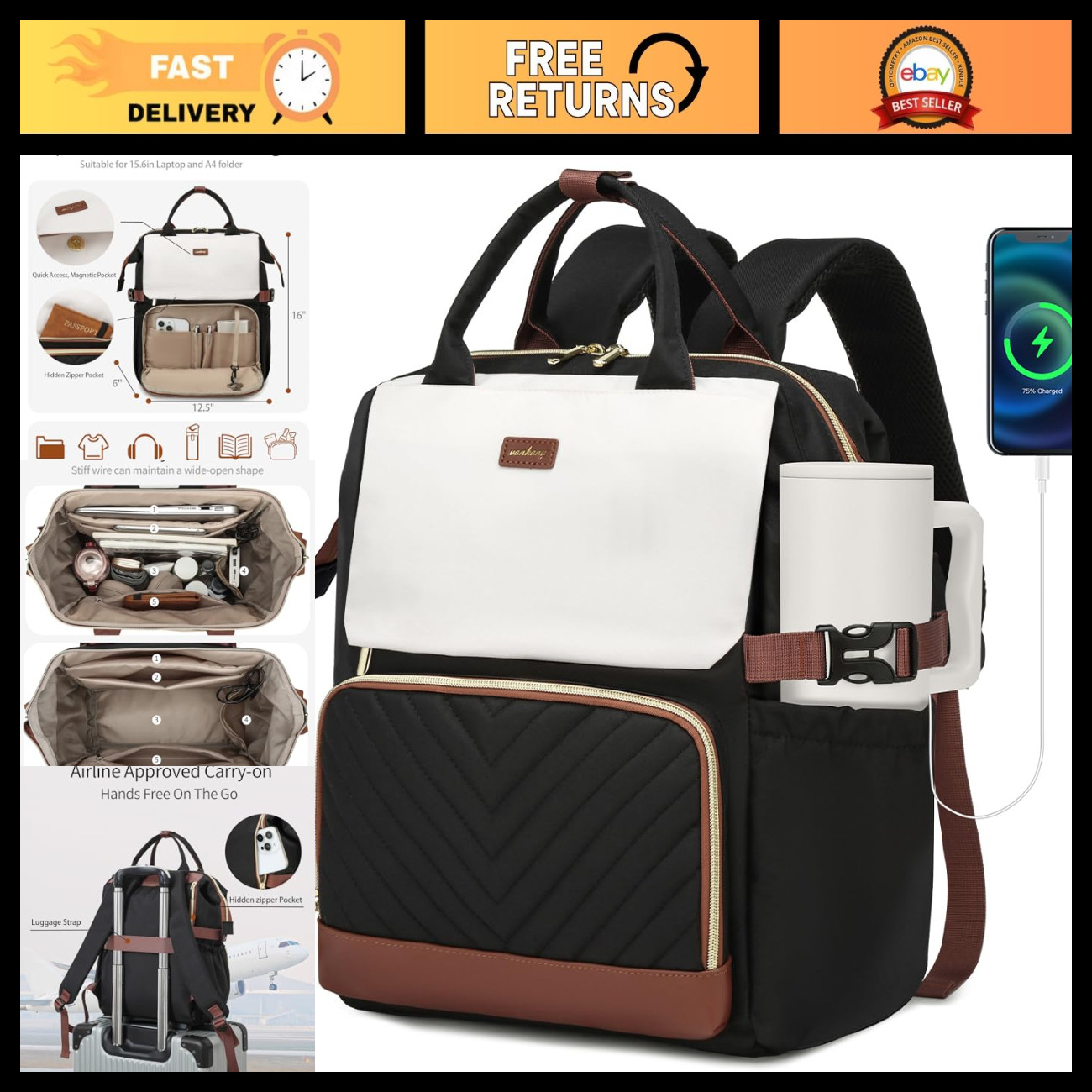 Stylish Laptop Backpack for Women - Teacher Nurse Work Bag with USB Charger & Cu