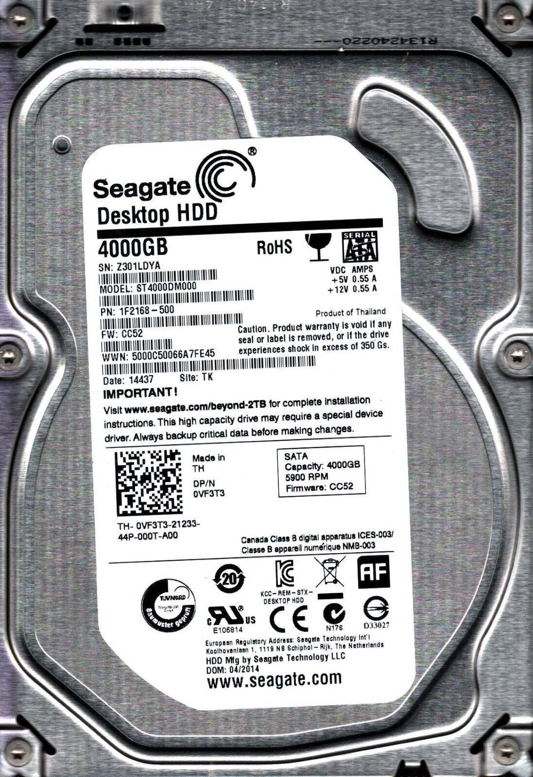 ST4000DM000 P/N: 1F2168-500 F/W: CC52 S/N: Z301 TK 4TB APR 2014 THAILAND SEAGATE