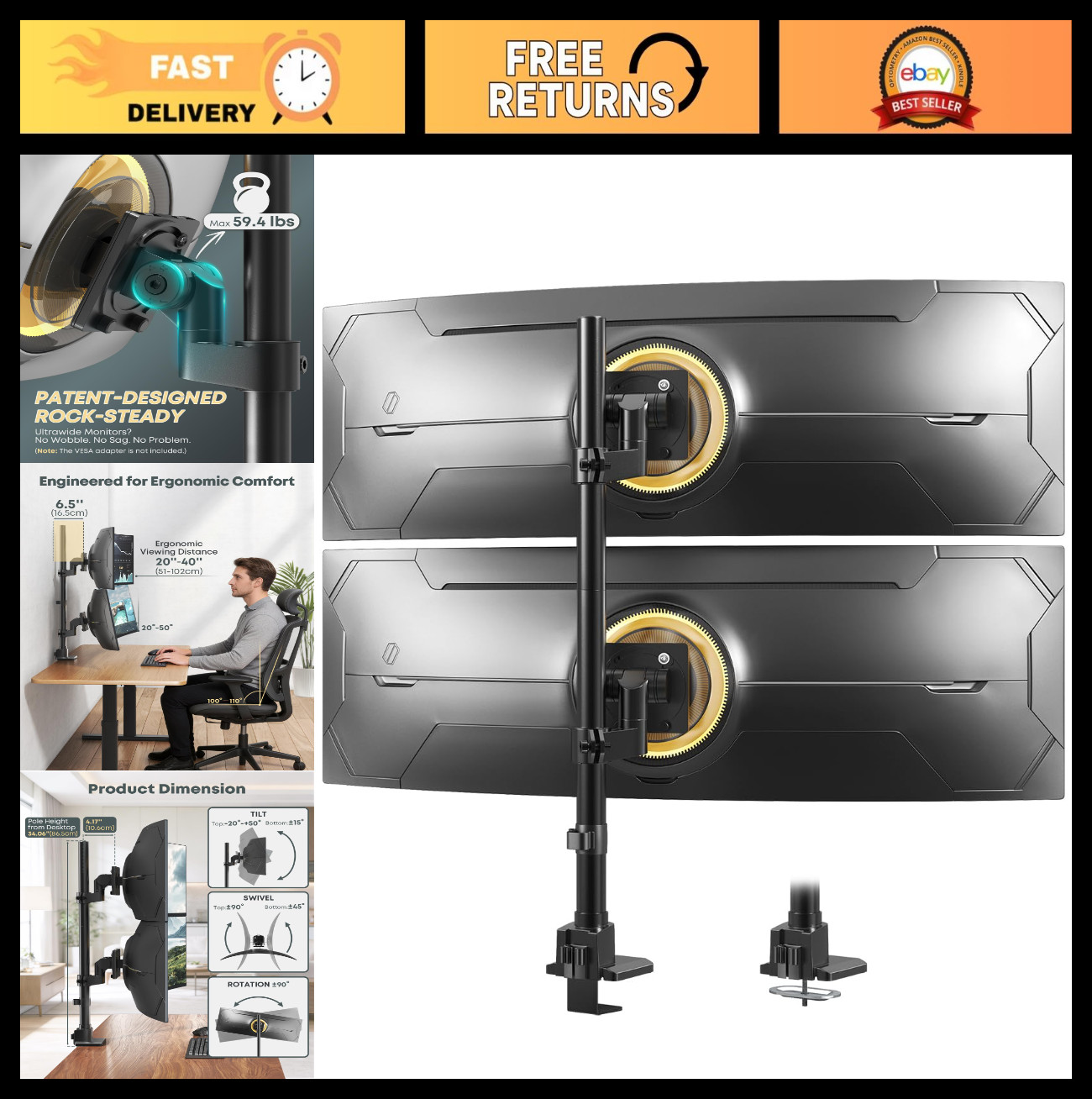 Dual Ultrawide Monitor Mount for 24-57" Screens, Heavy Duty, Fully Adjustable, V