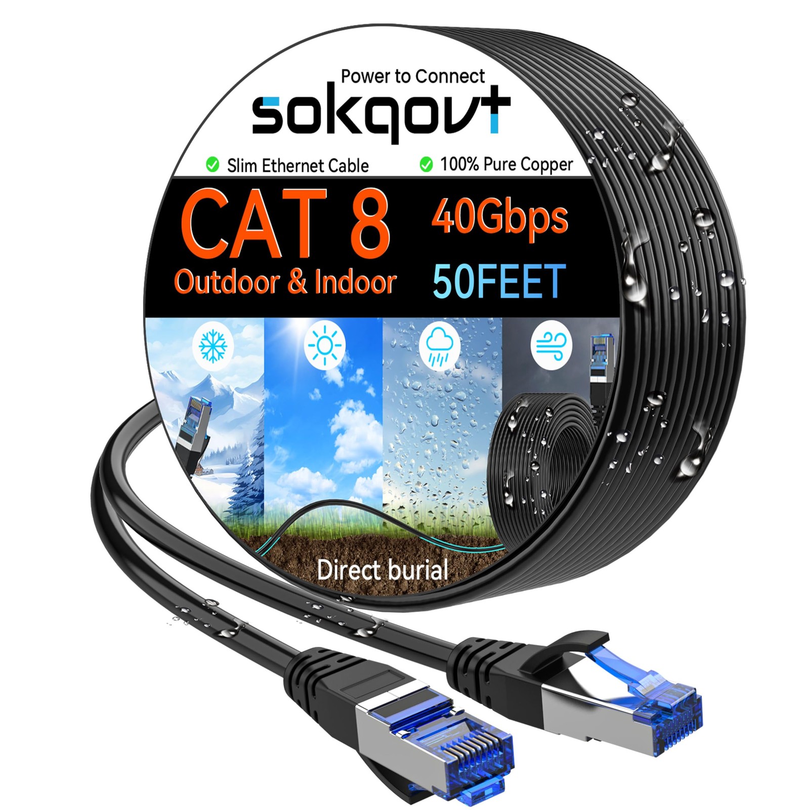Cat 8 Ethernet Cable Slim 50ft Outdoor&Indoor, Pure Copper Cat8 Internet Cabl...