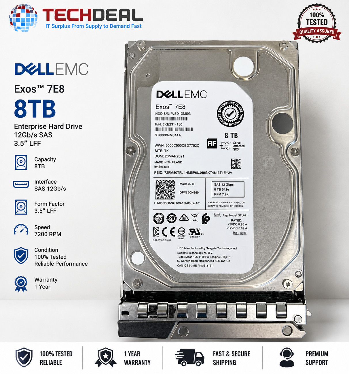 Dell Exos 7E8 8TB 7.2K SAS 12Gb/s 3.5" 512e HDD ST8000NM014A 00N660
