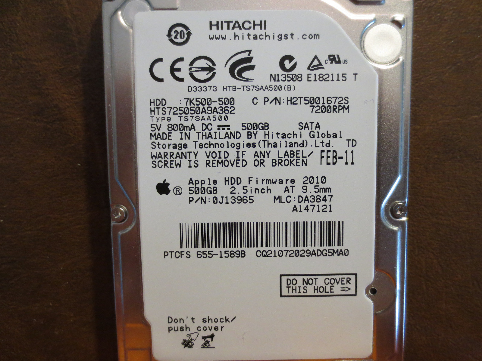 Hitachi HTS725050A9A362 Apple#655-1589B 500gb 2.5" Sata
