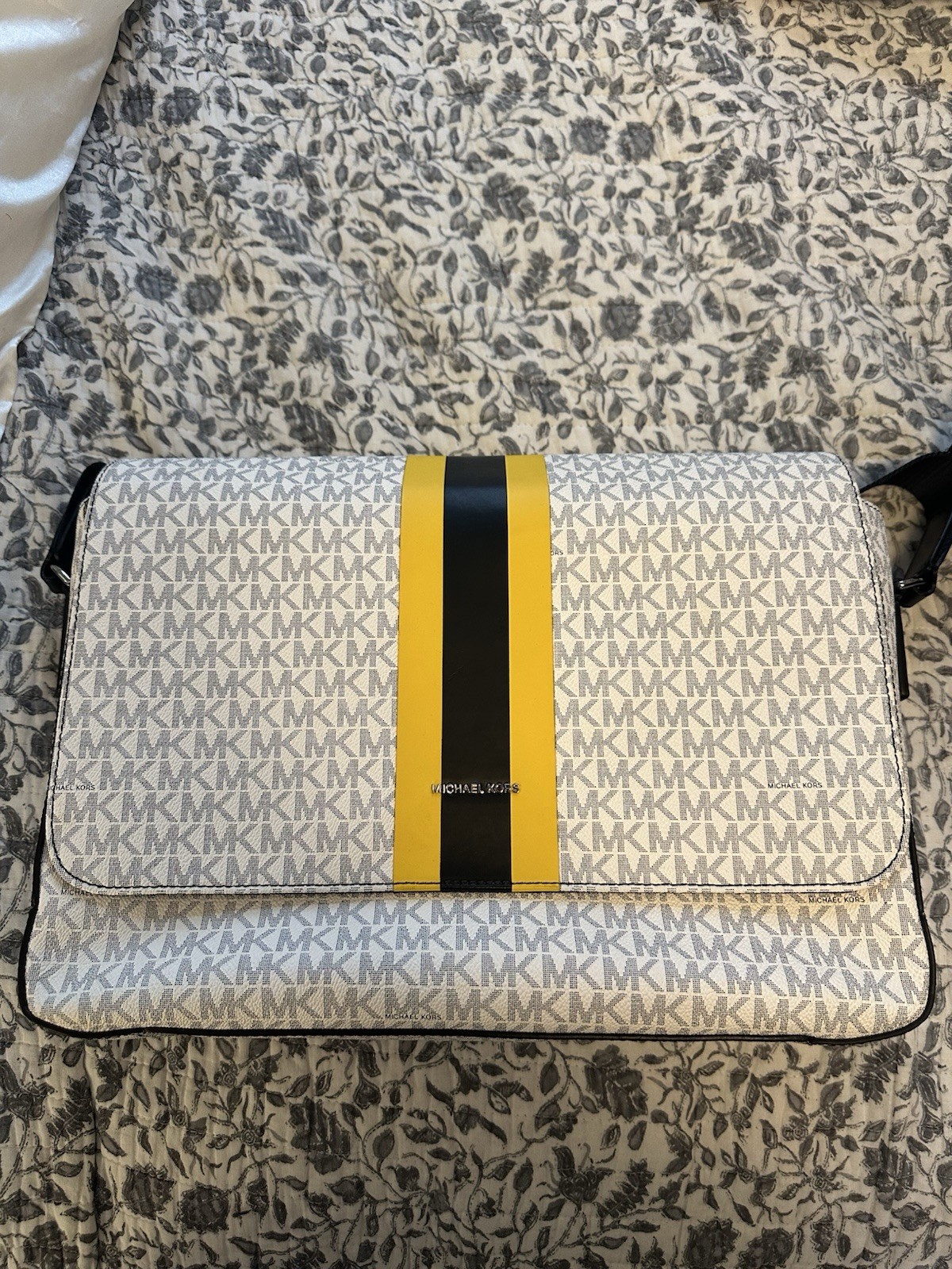 Michael Kors Logo Laptop Briefcase Gray Black Yellow Stripe Adjustable Strap