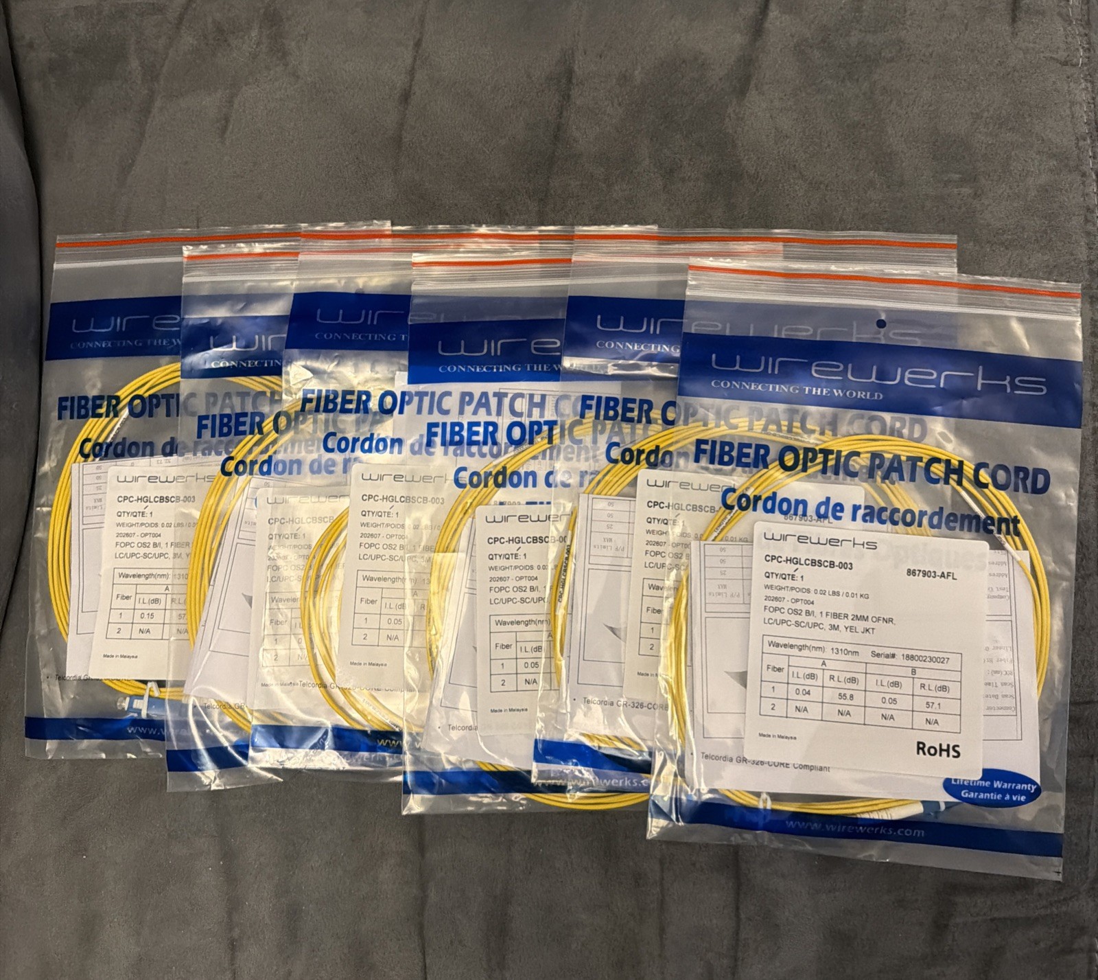 NEW Wirewerks OS2 Single-Mode Fiber Patch Cord, LC/UPC to SC/UPC, 3M Yellow 6 PK