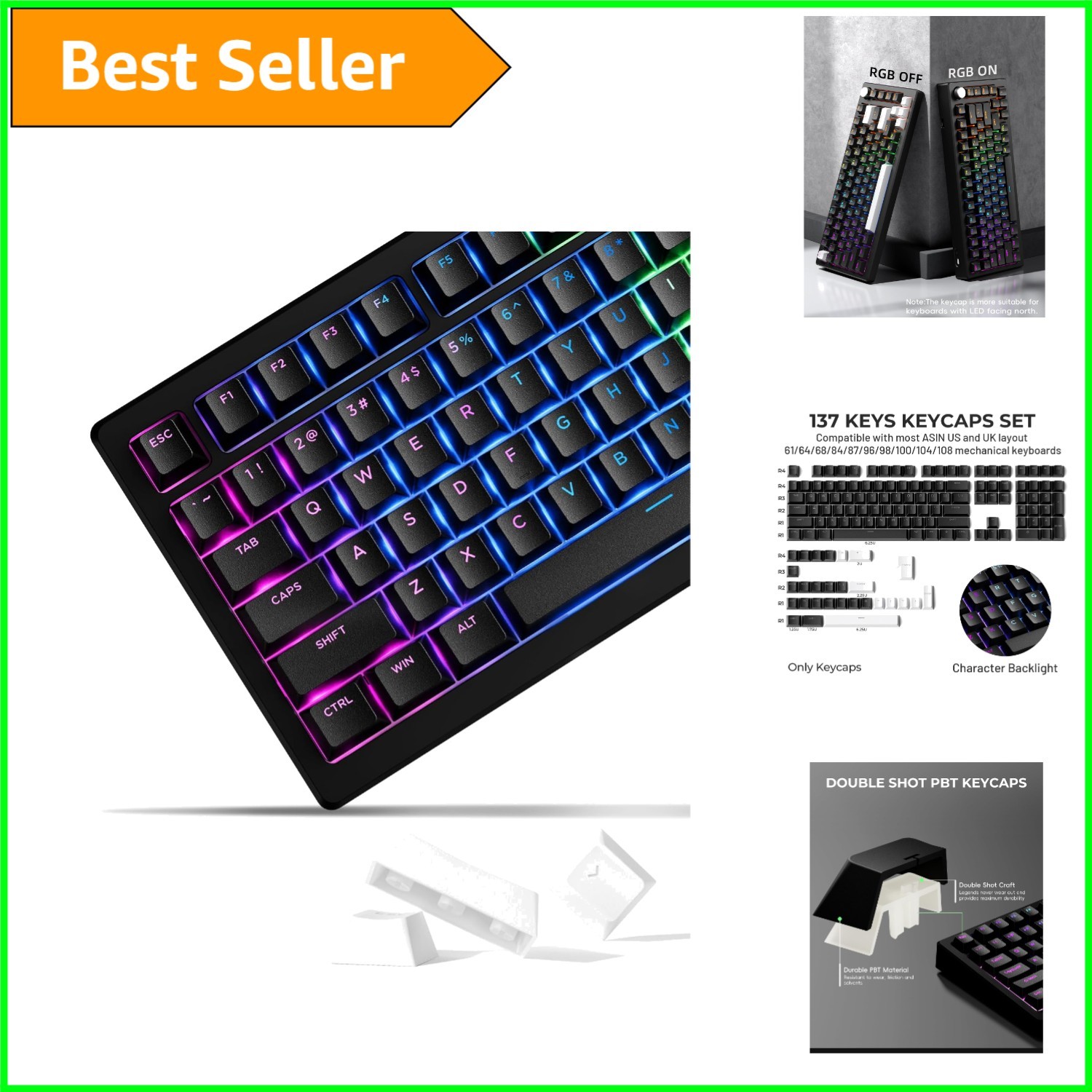 137 Key Black PBT Keycap Set - High Durability and Backlit Shine-Through Design