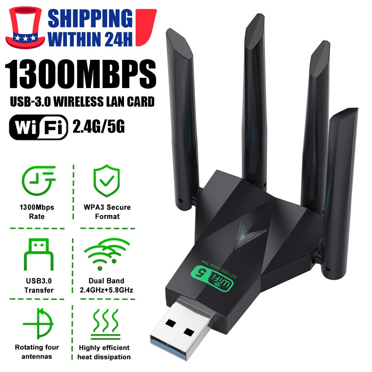 1300Mbps USB WiFi Adapter Dual Band 2.4/5G Wireless Network Wifi Dongle Antennas