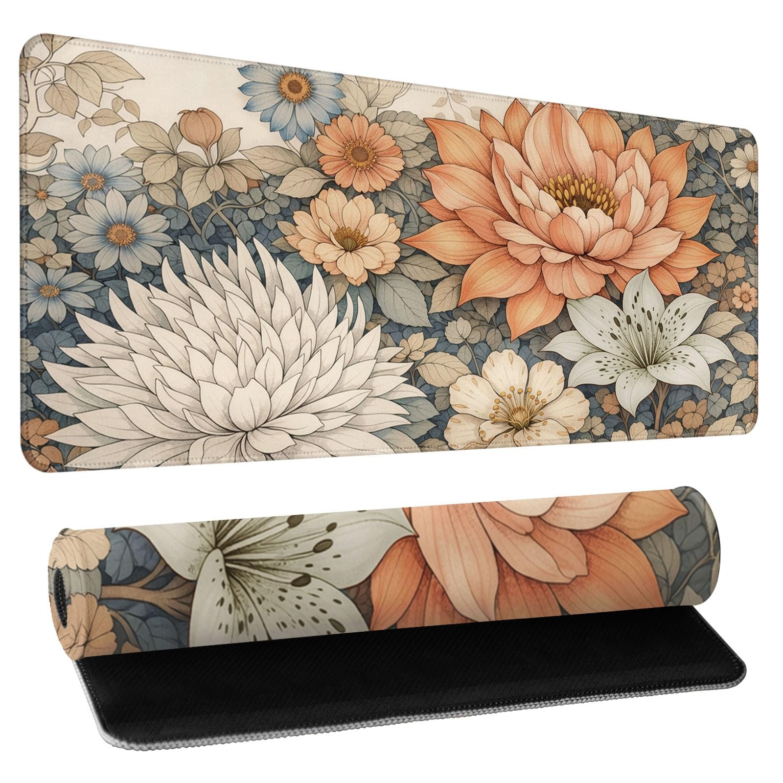Floral Desk Mat - 31.5x11.8 Inch Japanese Flower Large Mousepad Boho Aestheti...
