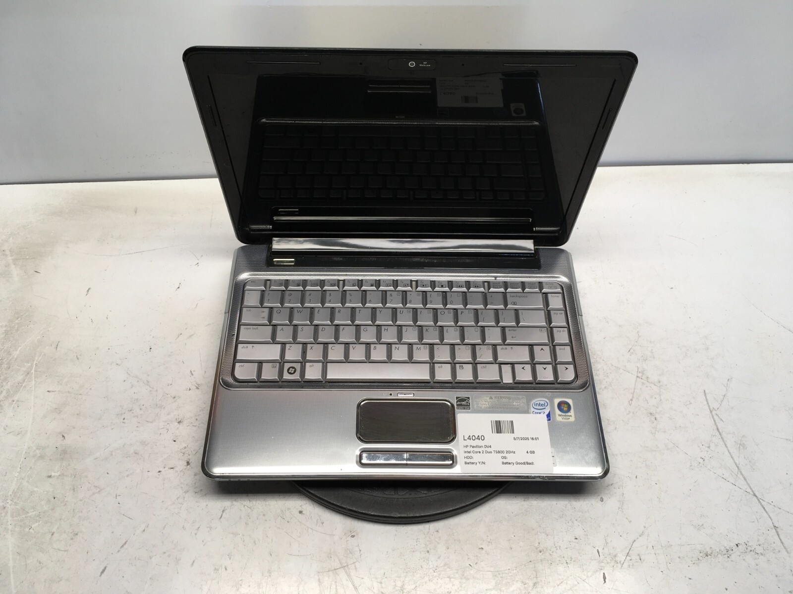 HP Pavilion DV4-1125NR Intel Core 2 Duo T5800 4 GB NO HDD No Batt Dim Screen