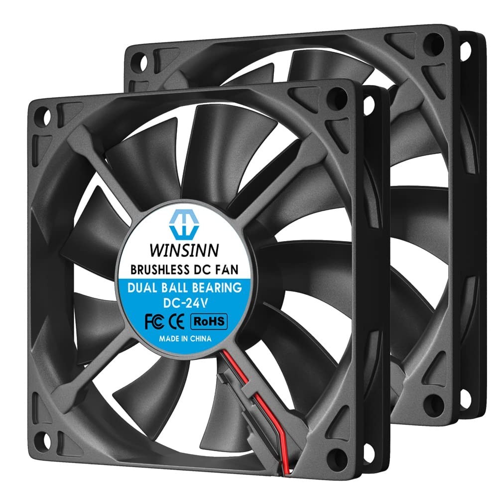 Dual Ball Bearing 80mm Fan - 24V Brushless Design, Low Noise, 33.6 CFM, 2-Pack