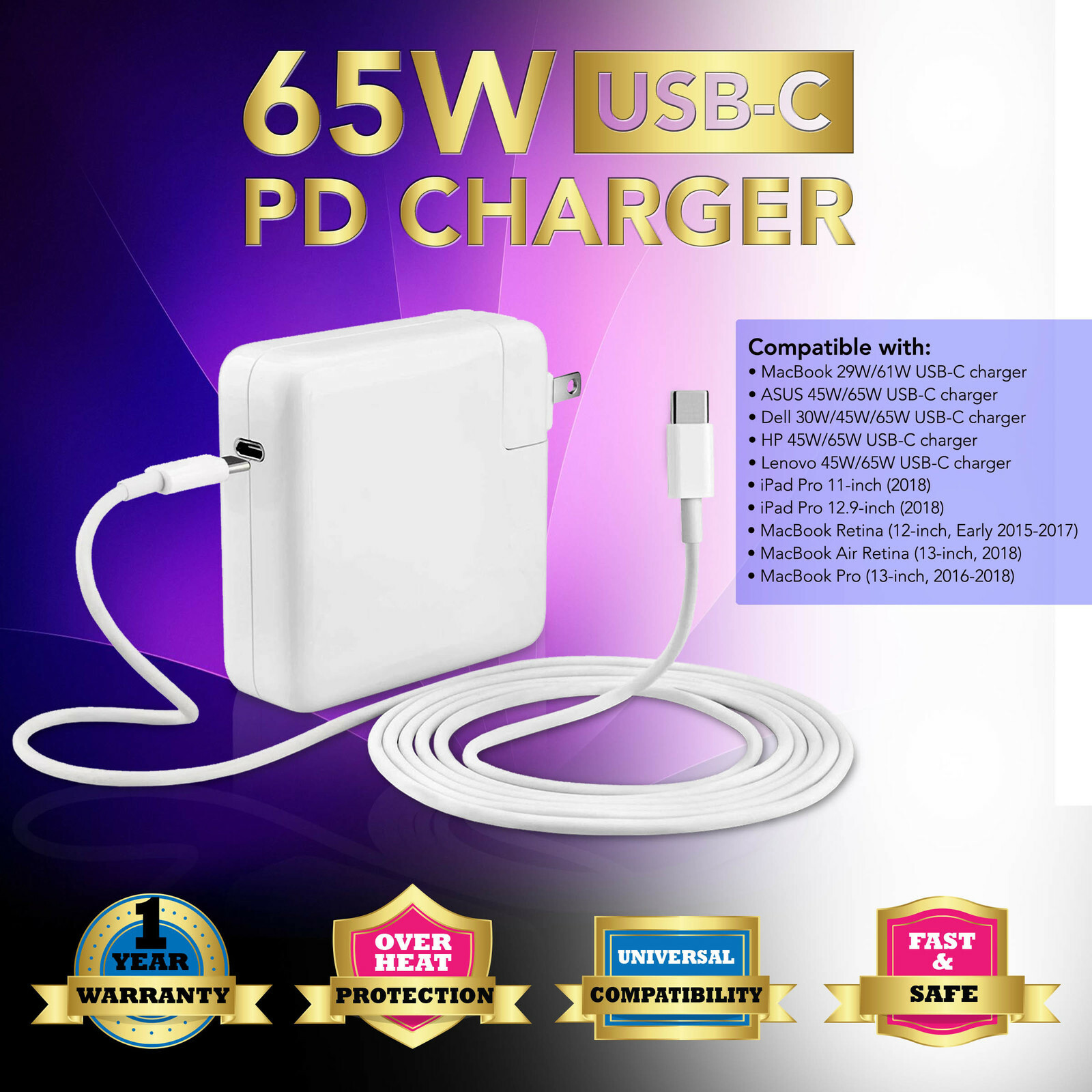 29W-65W Type C USB-C Power Charger For Apple MacBook Retina 12" A1534 A1540