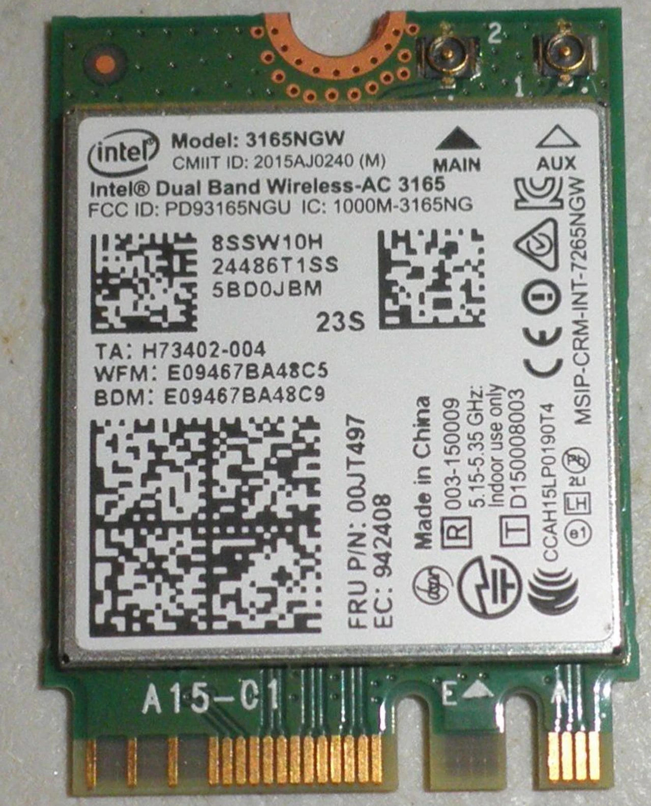 Lenovo OEM 8SSW10H Intel Dual Band Wireless-AC 3165 3165NGW BT NGFF 00JT497