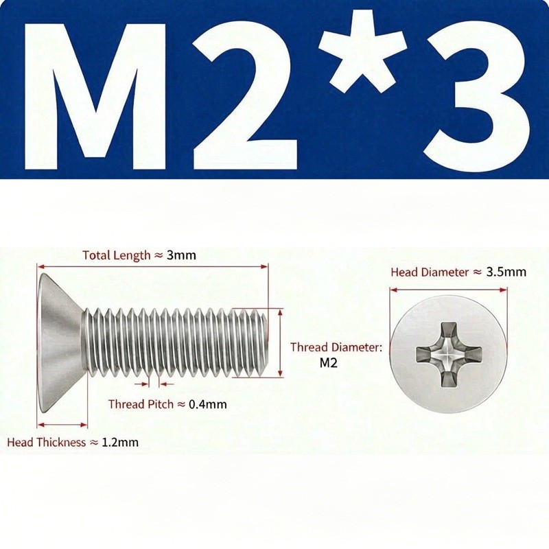 100PCS M2x3mm 304 Stainless Steel Phillips Countersunk Flat Head Laptop Screws