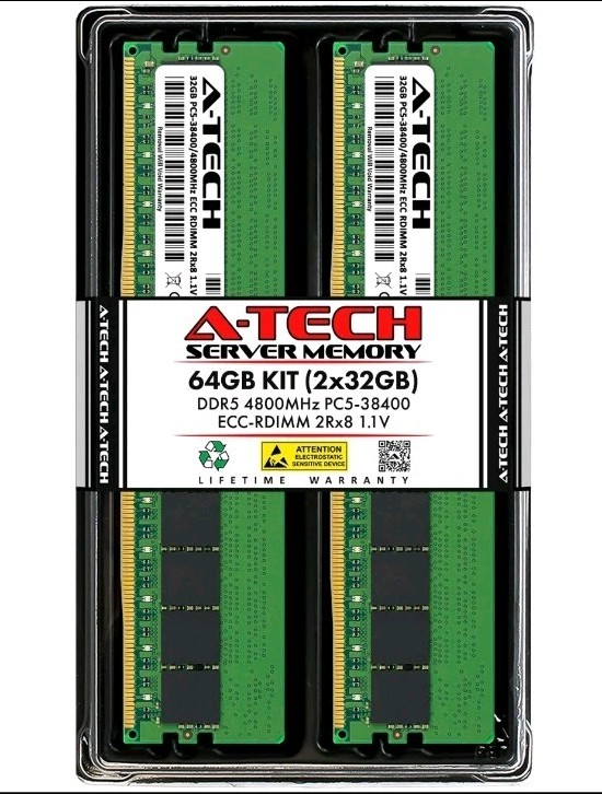 A-Tech 64GB 2x 32GB 2Rx8 PC5-38400R DDR5 4800MHz EC8 REG RDIMM Server Memory RAM