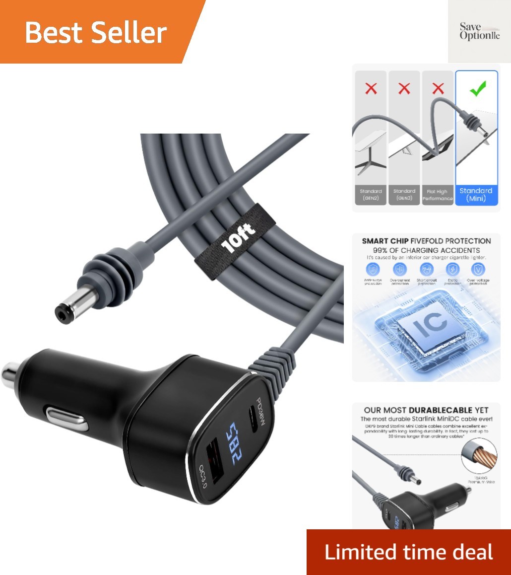 Mini 3-in-1 Car Power Adapter - USB Type A/C with LED Display & 18AWG Cable