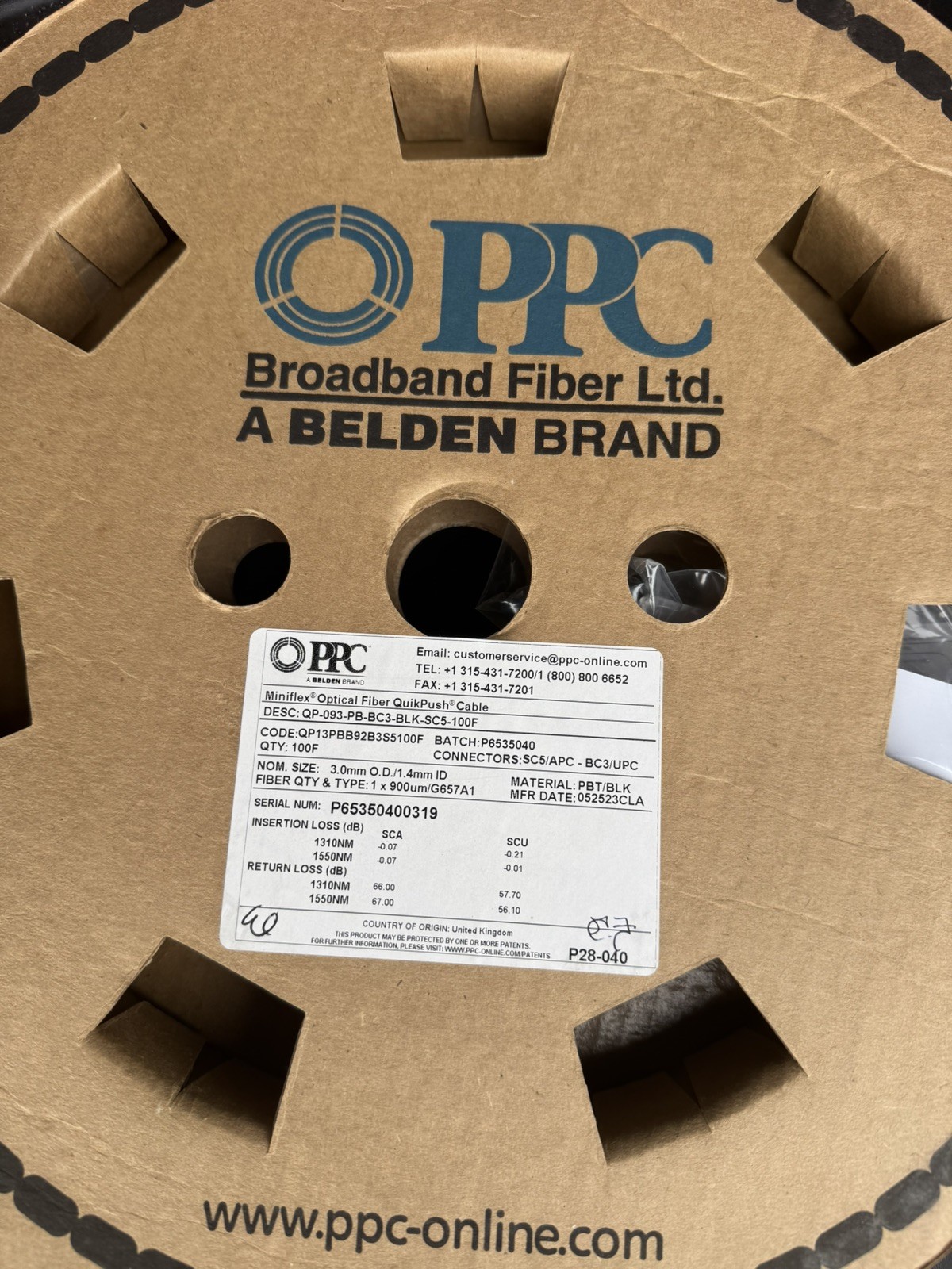 PPC QP-093-PB-BC5-BLK-SC5-100 Miniflex Optical Fiber QuikPush Cable.