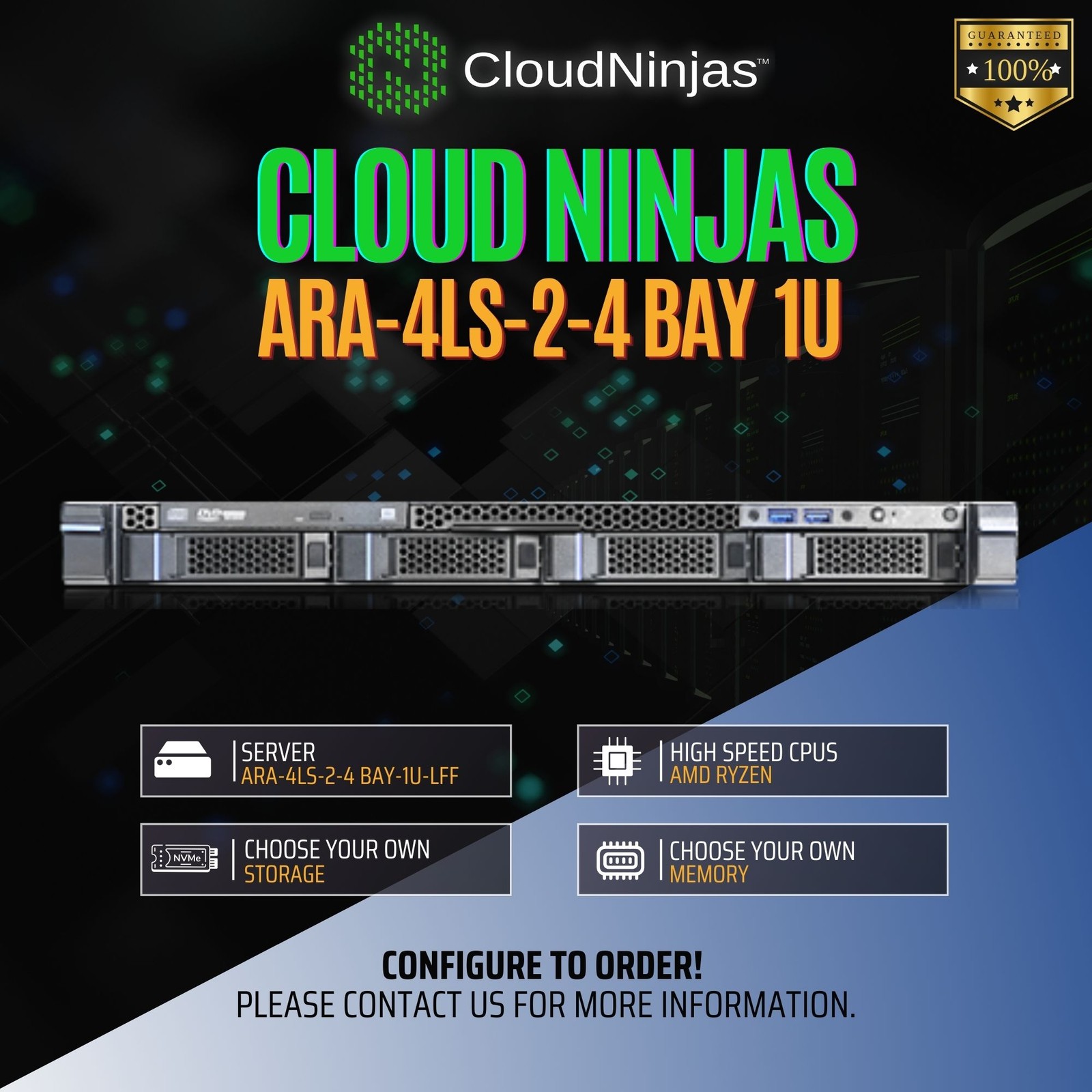 Cloud Ninjas ARA-4LS-2 4 Bay 1U Server AMD Ryzen 9 7950X3D DDR5 NVMe 2x 350W PSU